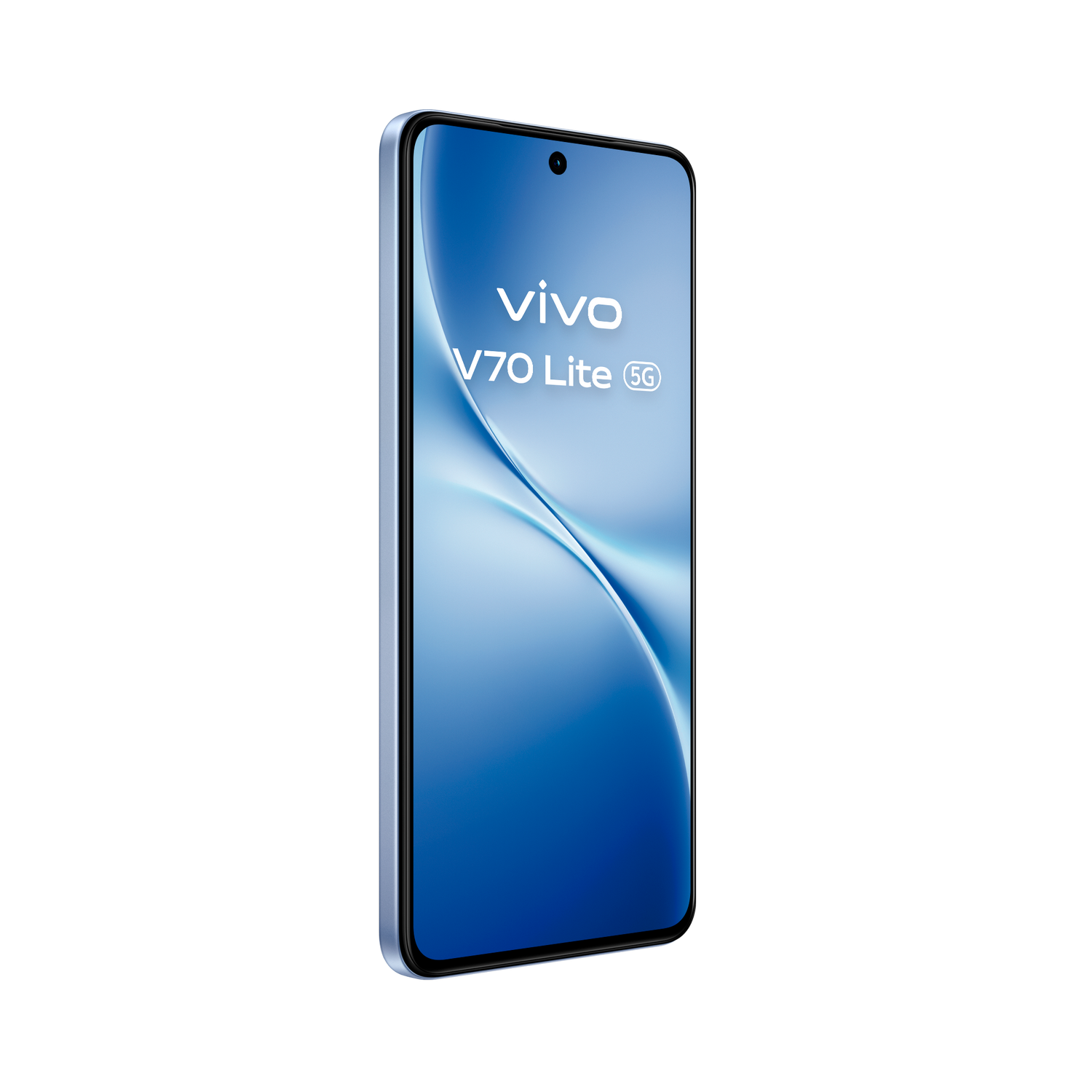 Un smartphone Vivo V70 Lite 5G azul claro se muestra en ángulo con una pantalla abstracta azul y blanca.