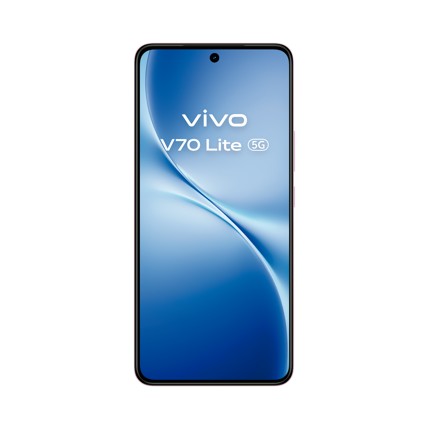 Un smartphone Vivo V70 Lite 5G, rosa claro, en posición vertical sobre un fondo negro. Su pantalla muestra un diseño abstracto azul y blanco con el logo 'vivo V70 Lite 5G'.