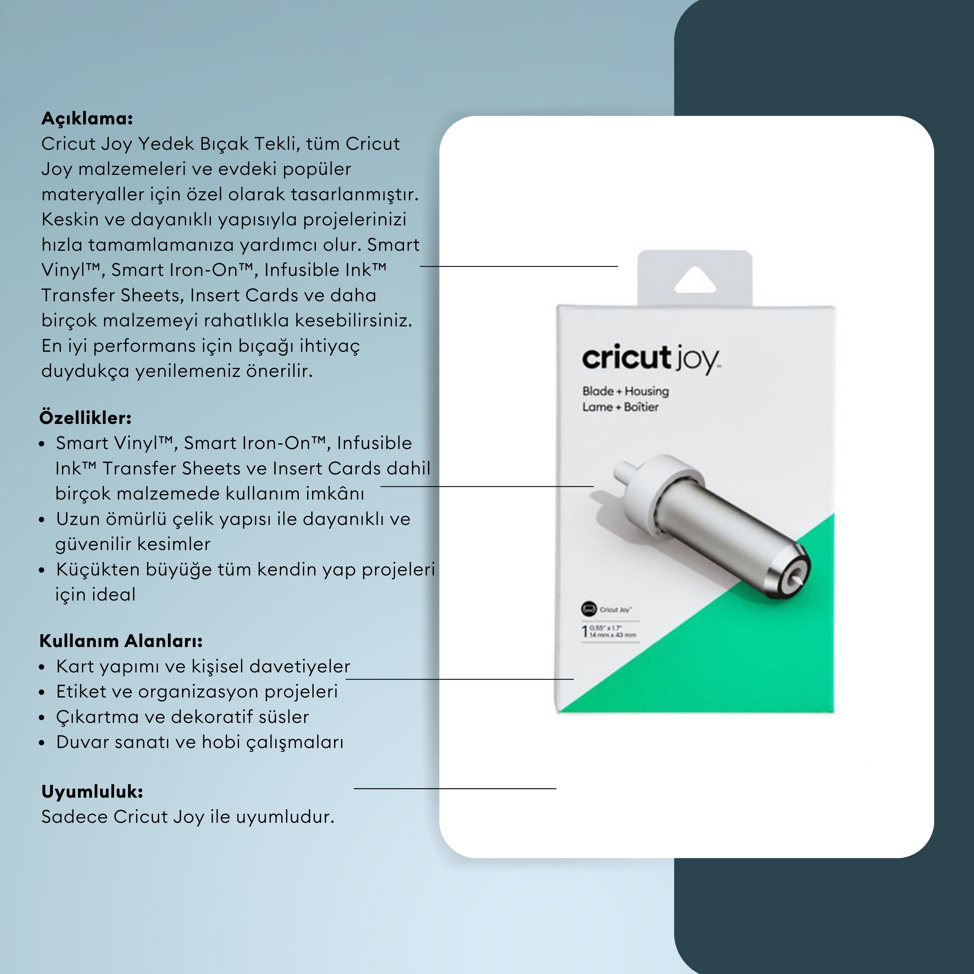 Cricut Joy yedek bıçağı. Cricut Joy için bıçak ve muhafaza içerir.