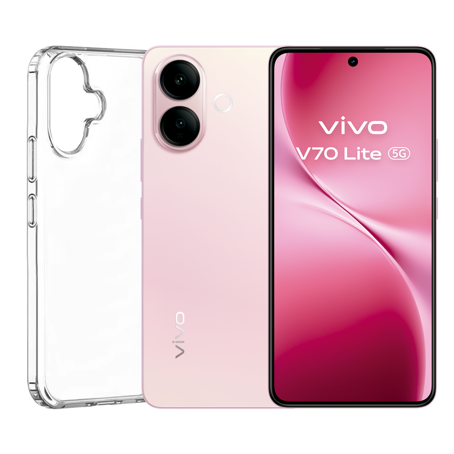 Un teléfono rosa Vivo V70 Lite 5G con funda protectora sobre fondo negro.