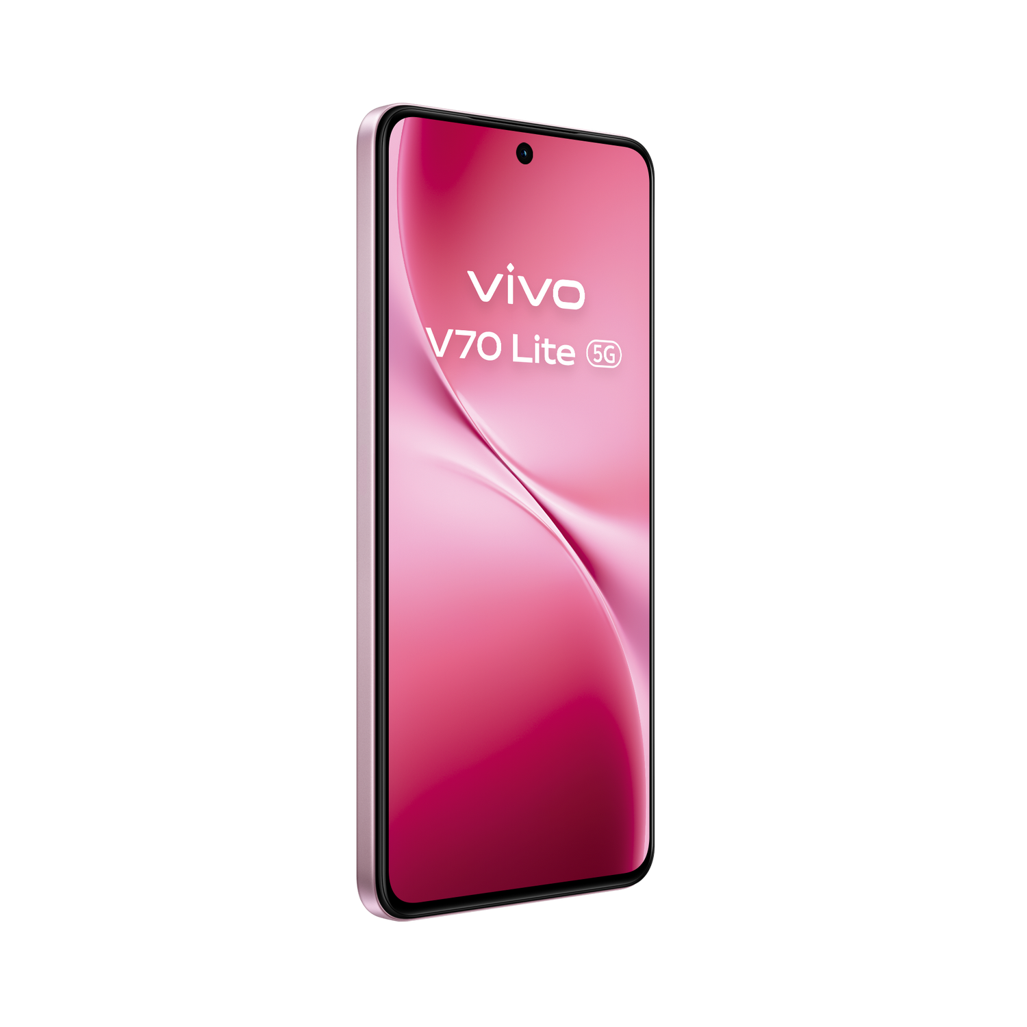 Un smartphone Vivo V70 Lite 5G rosa está inclinado sobre un fondo gris, mostrando una pantalla abstracta vibrante en rosa y blanco.