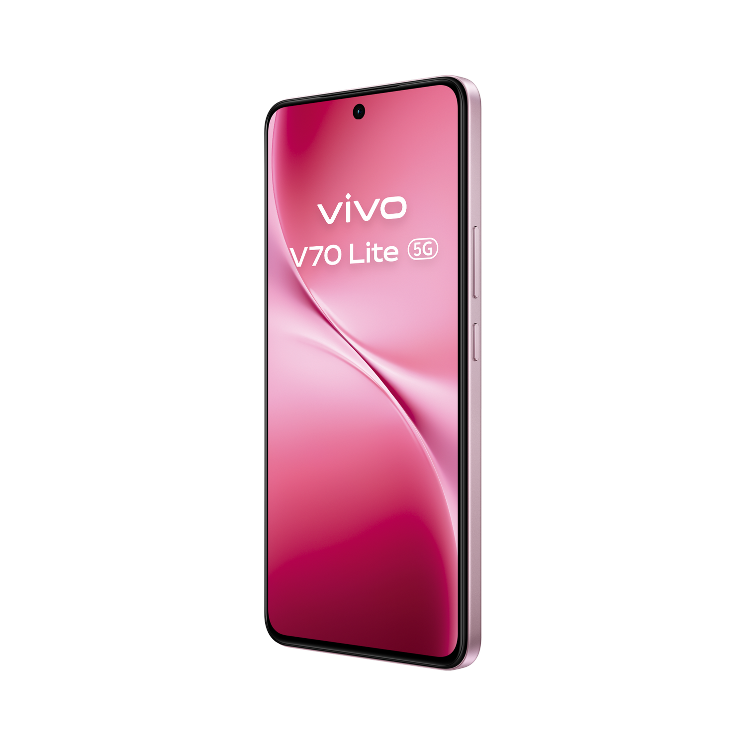 Un smartphone Vivo V70 Lite 5G rosa con pantalla en blanco, sobre fondo gris.