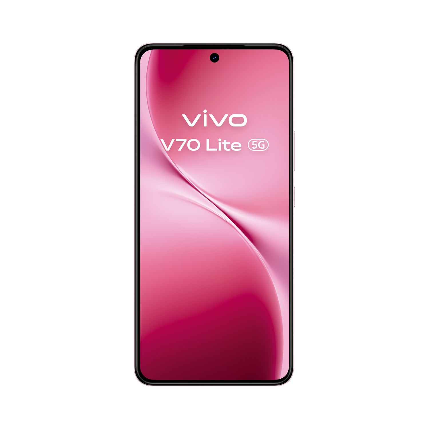 Un smartphone Vivo V70 Lite 5G con fondo rosa y lente de cámara arriba.