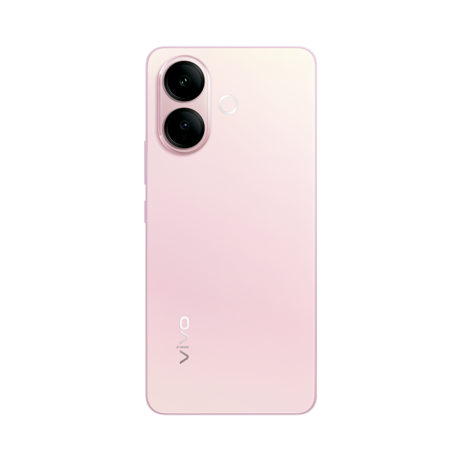 Un smartphone rosa claro con dos cámaras y flash en la parte trasera.