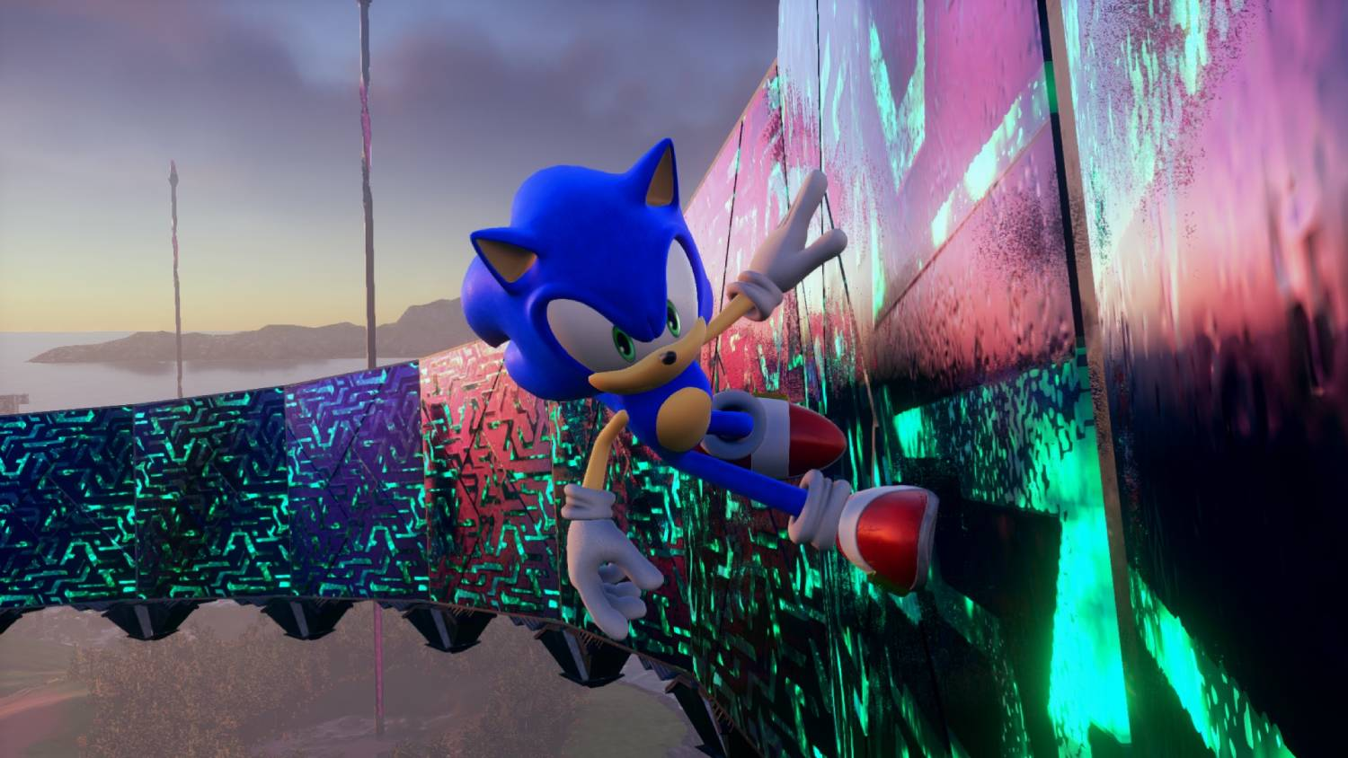 Sonic the Hedgehog trepa por una pared con luces de colores.