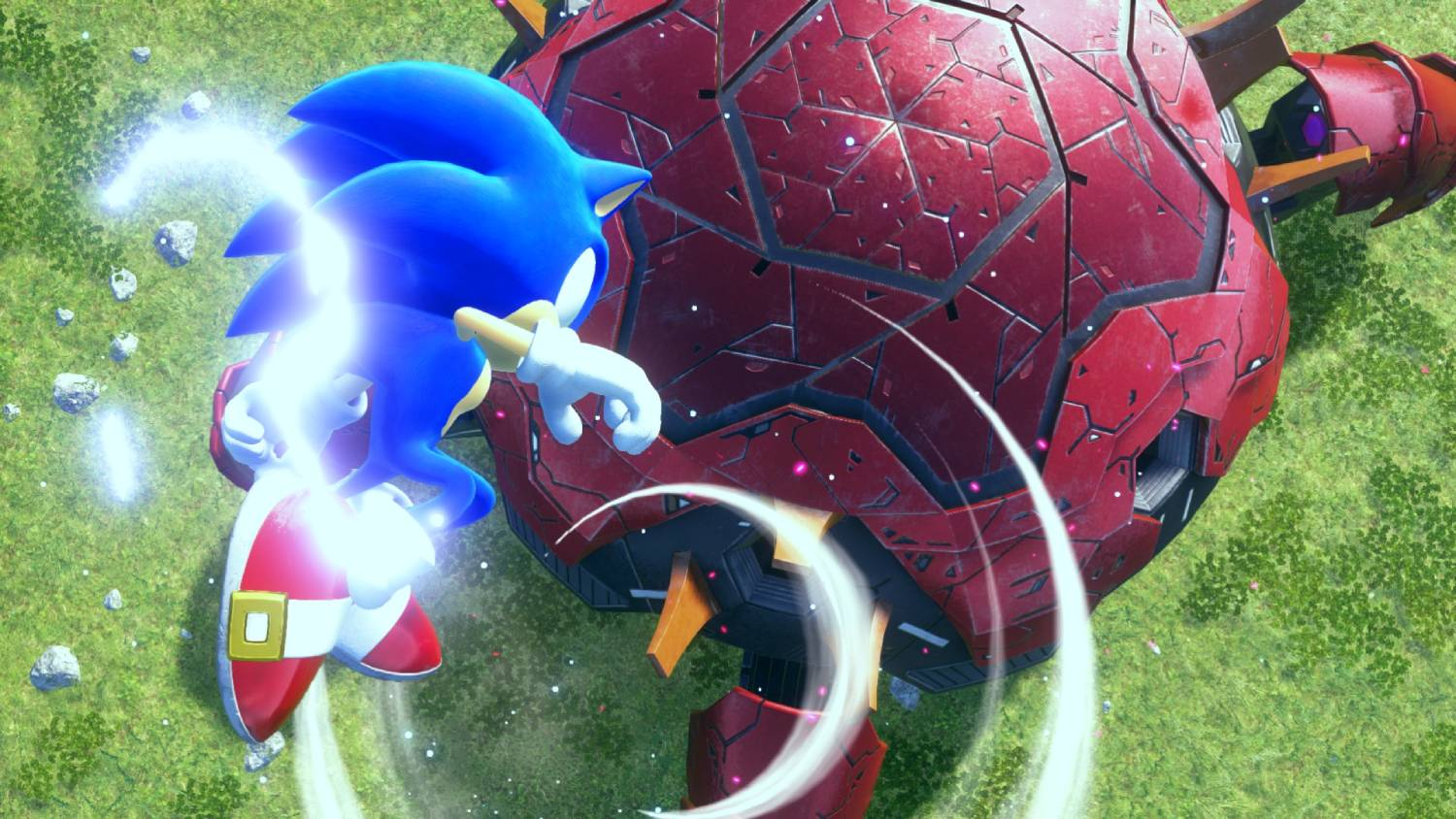 Sonic el erizo con rayos blancos a su alrededor, frente a una gran esfera roja.