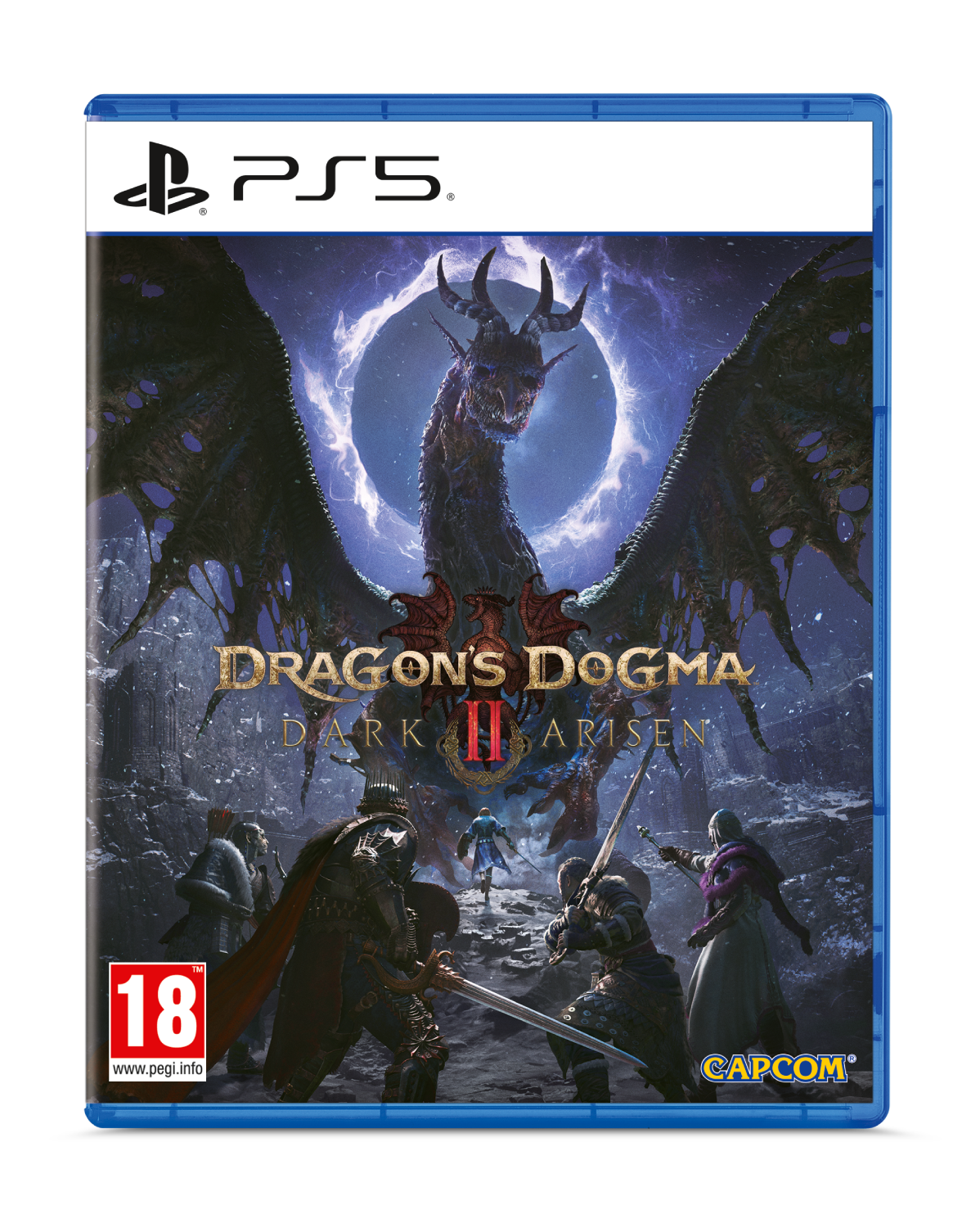 Carátula del juego Dragon's Dogma 2 para PS5. Un gran dragón con ojos brillantes, cuatro guerreros y un hechicero.