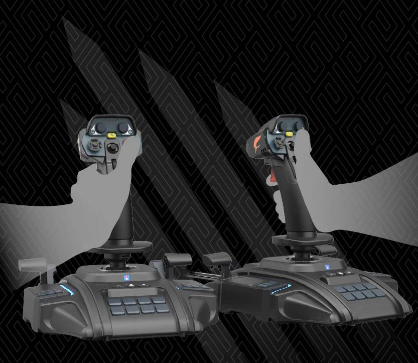 Dos joysticks negros con botones y una sombra con forma de mano.