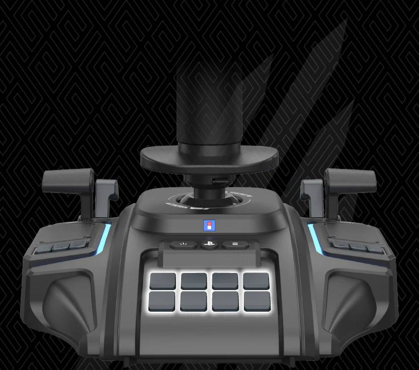 Un joystick de juegos negro con muchos botones y luces sobre un fondo oscuro.
