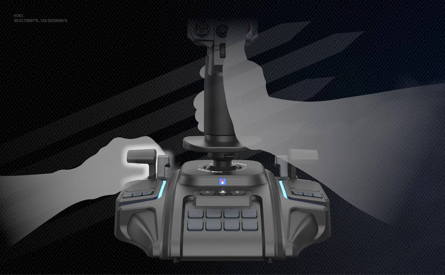 Un joystick negro con dos manos operándolo. Fondo negro.