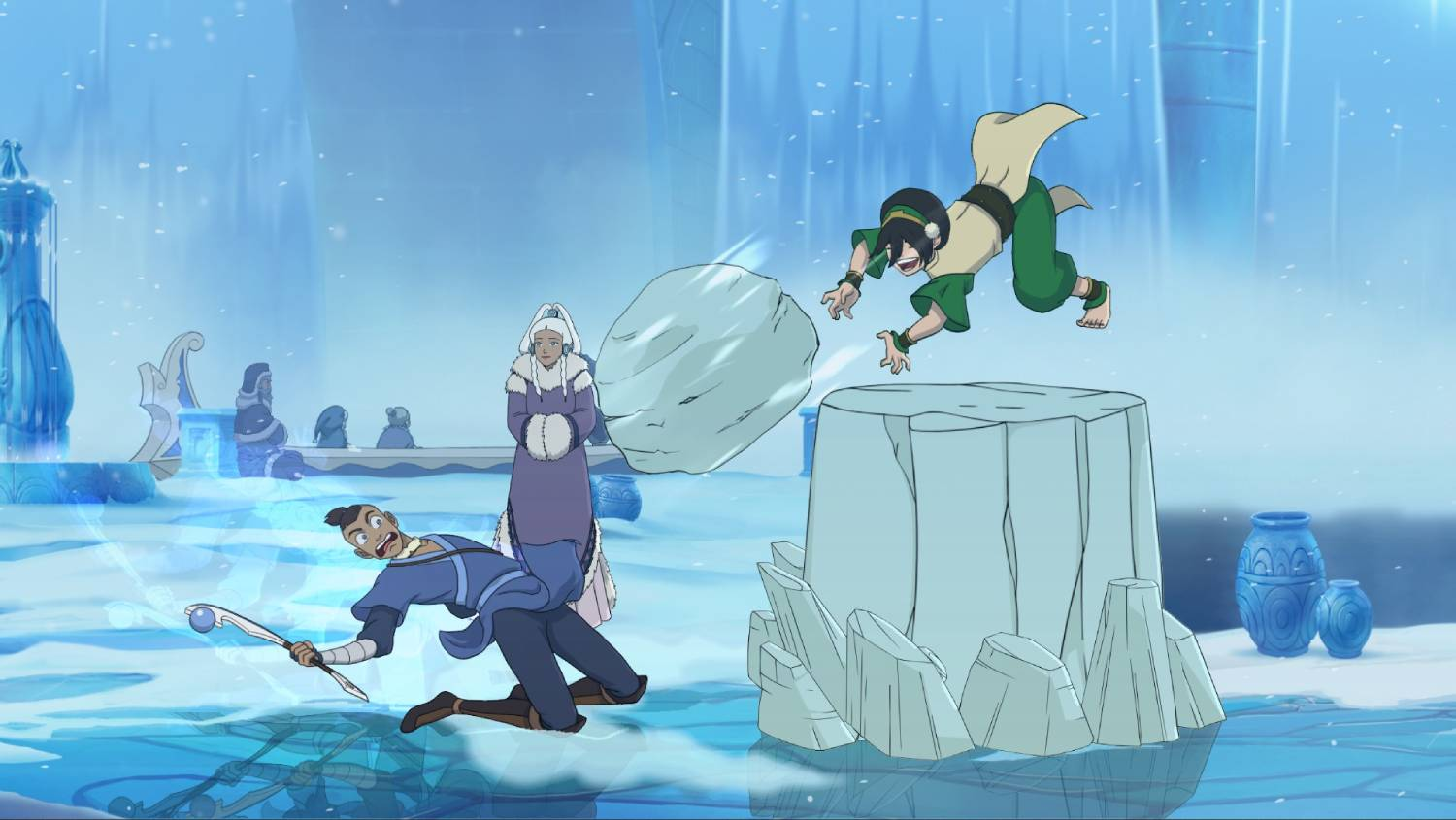 Personajes en un paisaje helado, uno lanza una roca.
