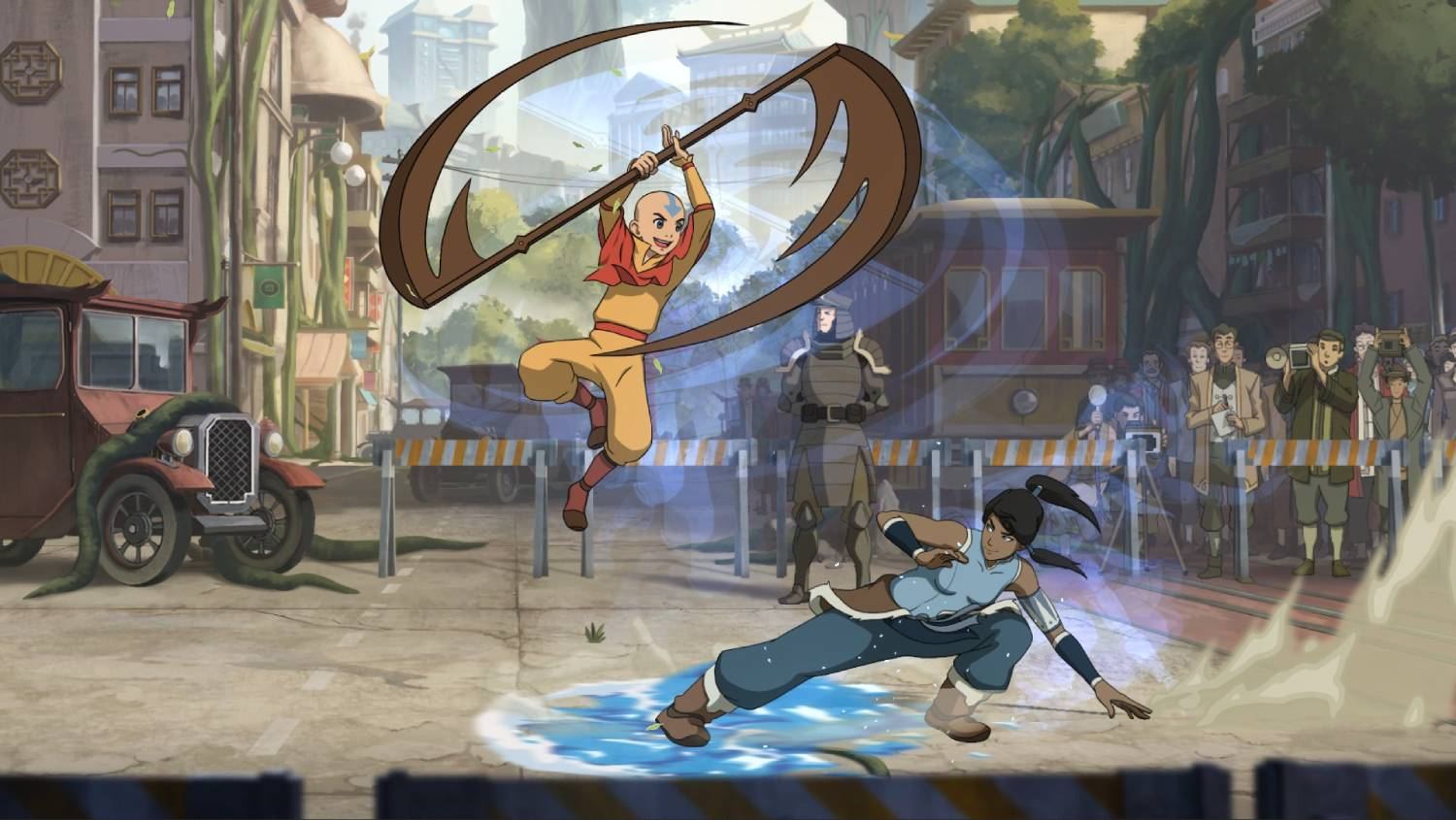 Aang y Korra luchan con armas y elementos en una calle.