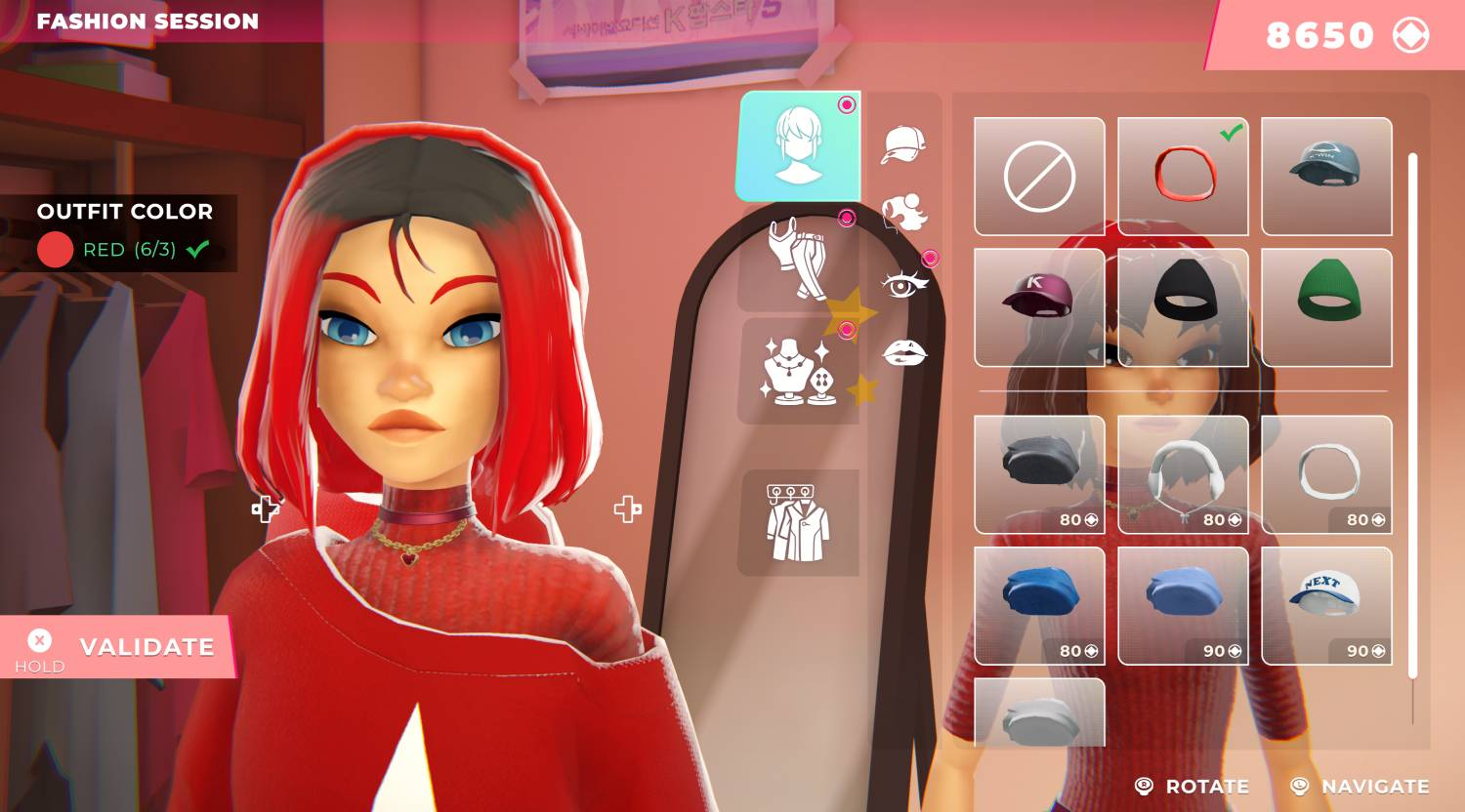 Un personaje del juego con pelo rojo y ojos azules lleva un traje rojo.