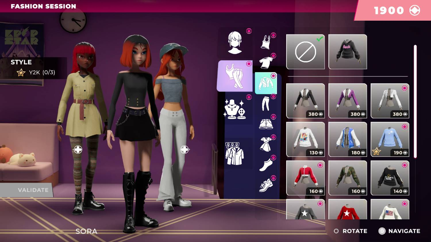 Tres personajes virtuales en una interfaz de selección de moda, estilo Y2K.