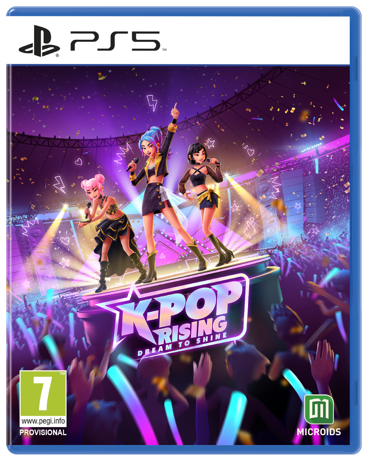 Tres cantantes de K-pop estilo anime en un escenario, rodeadas de confeti y una multitud animando con palos de luz.