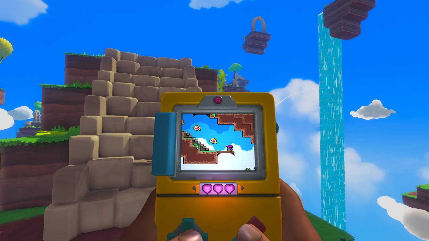 Una consola de videojuegos amarilla muestra un juego pixelado en su pantalla. Rodeada de un cielo vibrante.