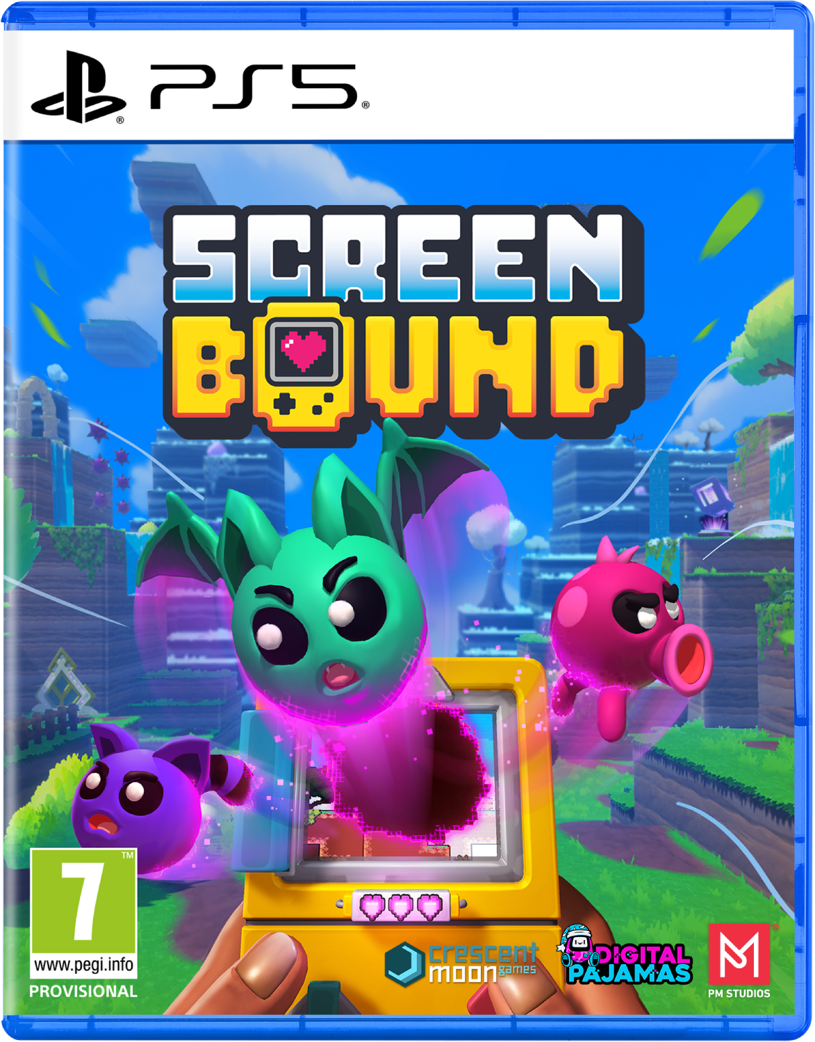 Portada de juego PS5 con personajes lindos saliendo de un dispositivo amarillo.