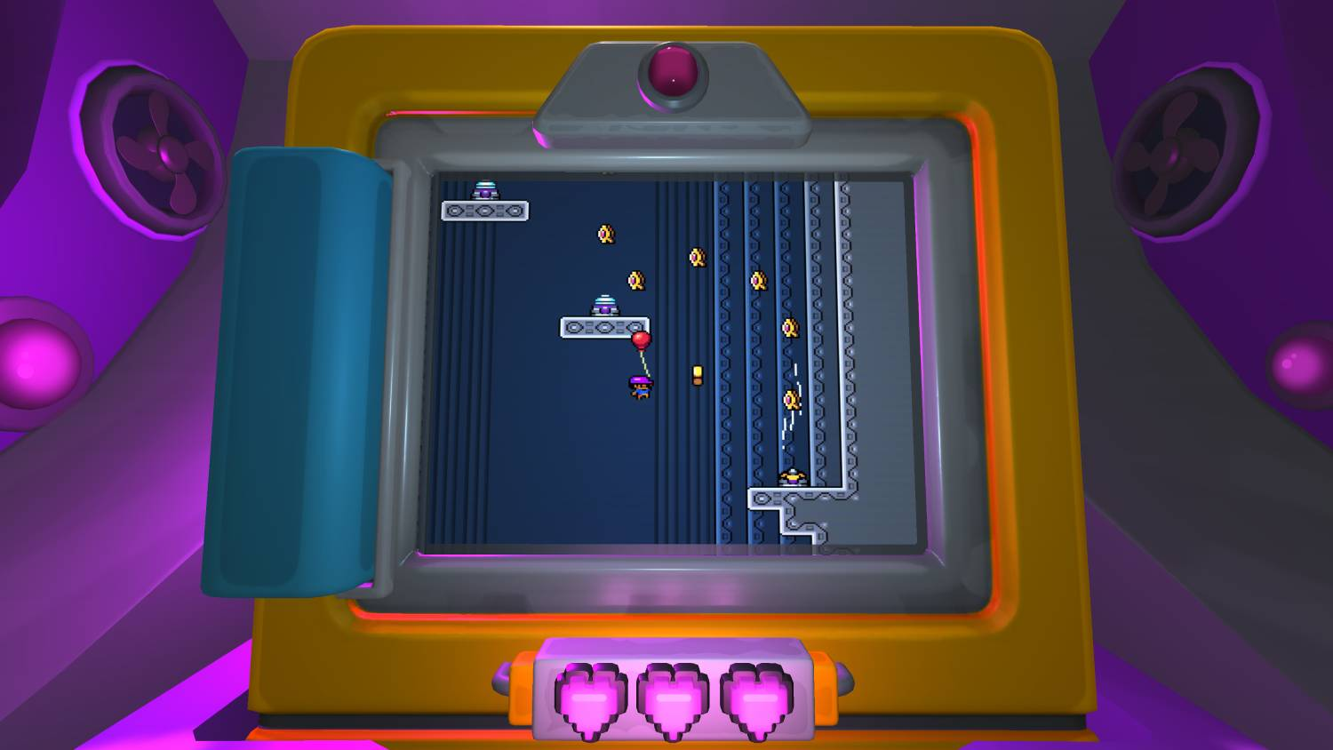Un videojuego 2D en una pantalla de arcade retro con un personaje y un globo rojo.