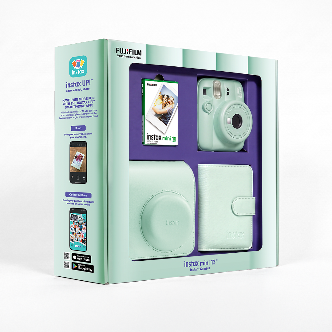 Mint yeşili Instax Mini 13 anında fotoğraf makinesi hediye seti, kamera, kılıf ve albüm içerir.