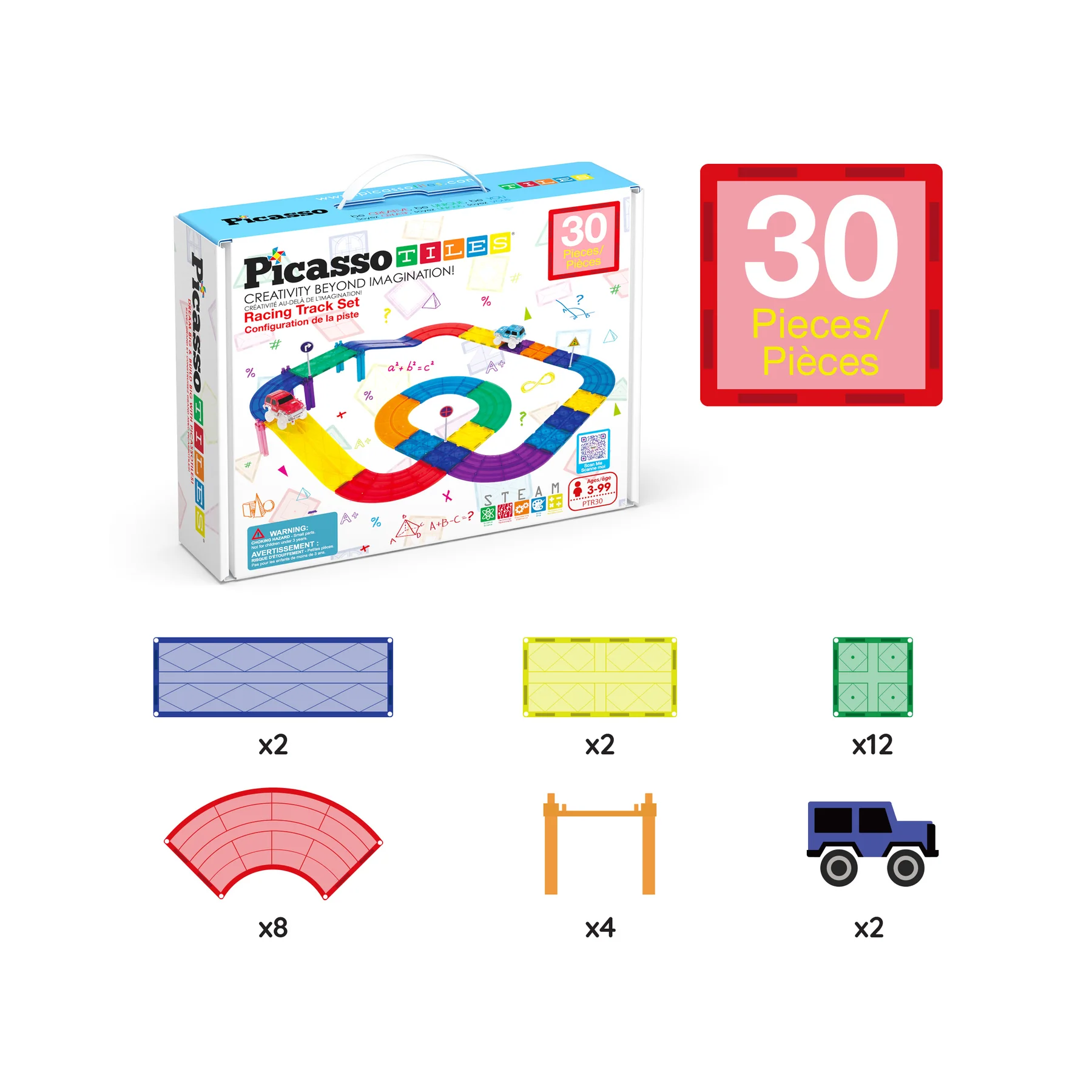 Picasso Tiles versenyautó pálya szett autókkal és pályaelemekkel dobozban.