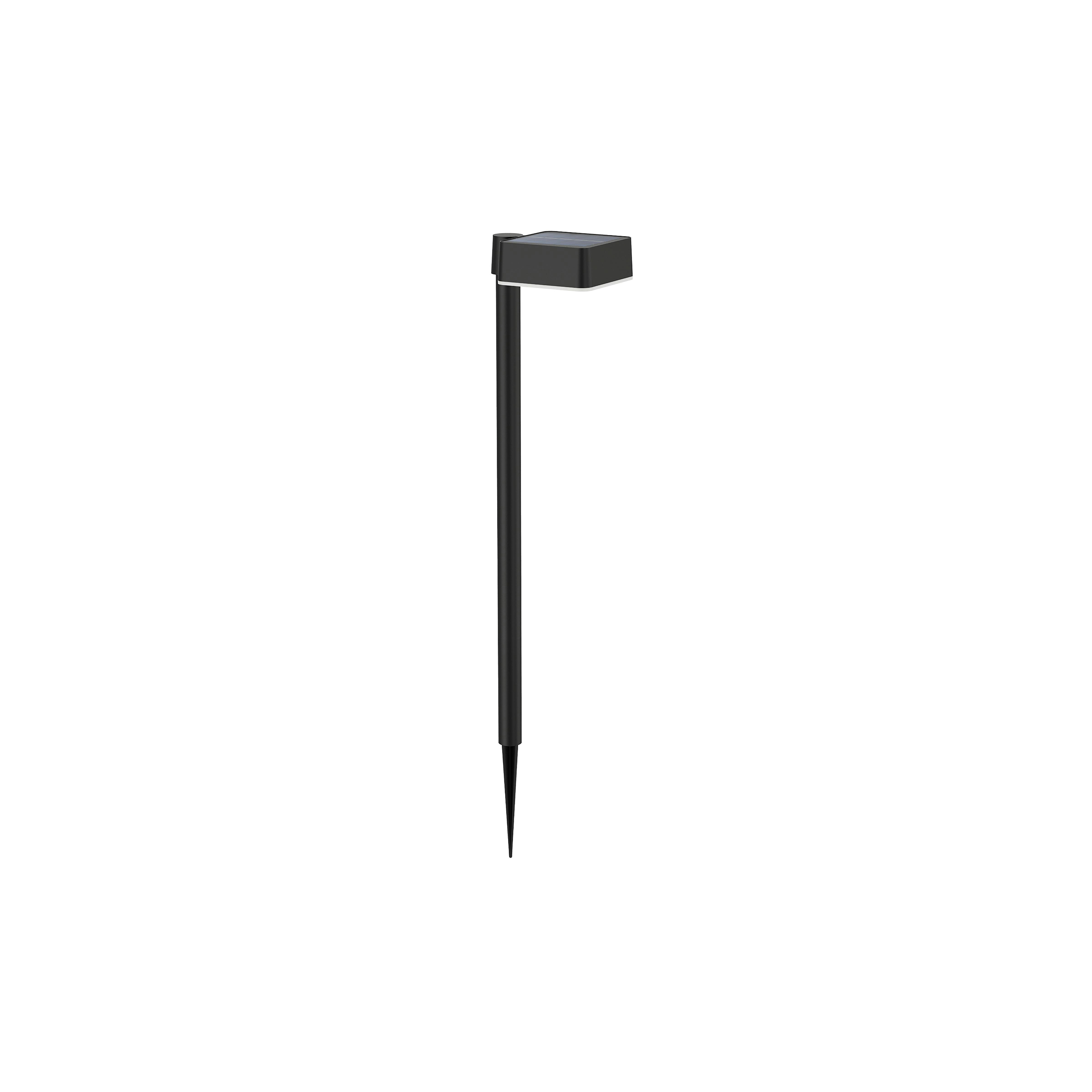 Eine schwarze solarbetriebene Gartenleuchte mit rechteckiger Oberseite und dünnem Pfahl, der in einem spitzen Erdspieß endet, ist auf weißem Hintergrund zentriert.