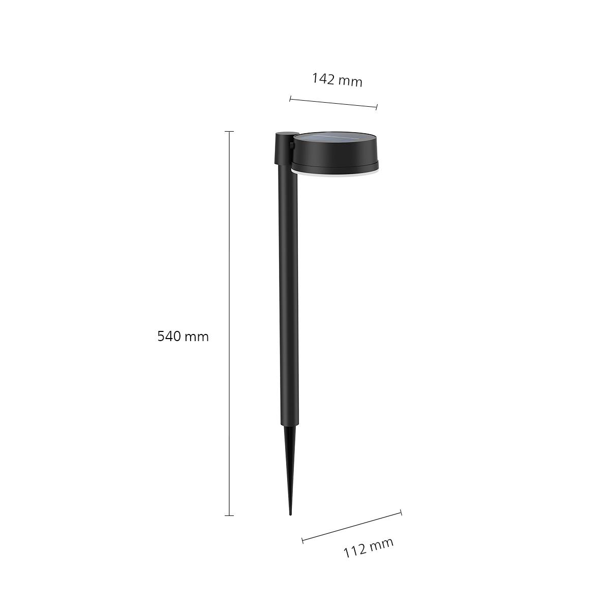 Schwarzer Solar-Gartenpfahl mit Maßen: 540mm hoch, 142mm breit.