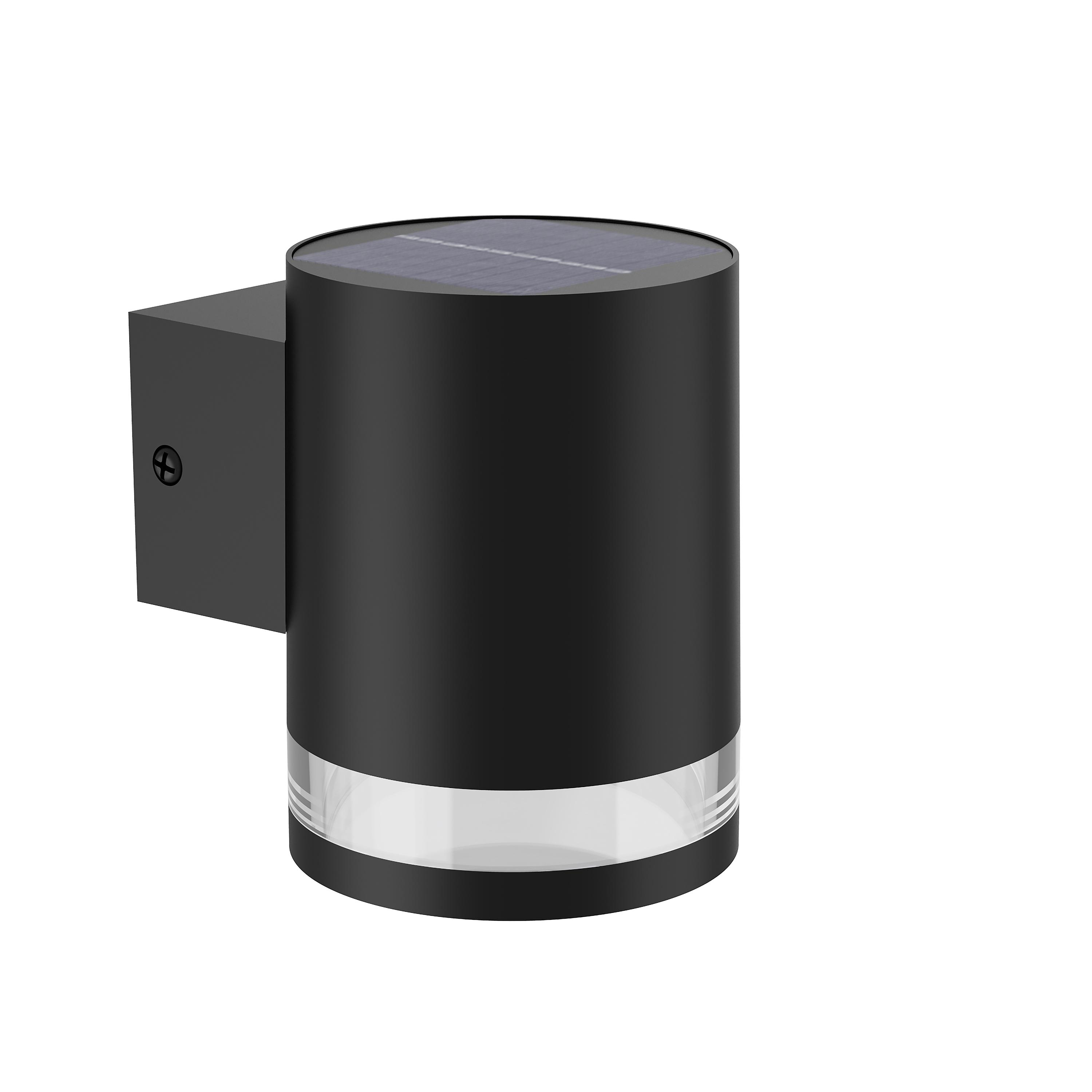 Schwarze Wandleuchte mit Solarmodul und Glaszylinder.