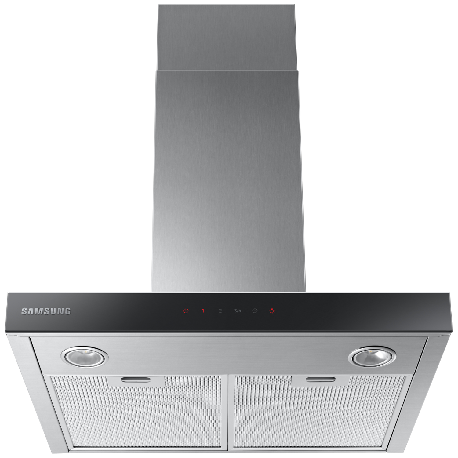 Stainless steel range hood with black control panel and lights.