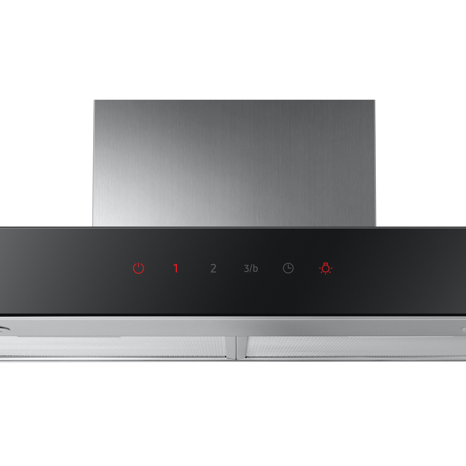 A modern kitchen hood with a black control panel displaying red icons and numbers.
