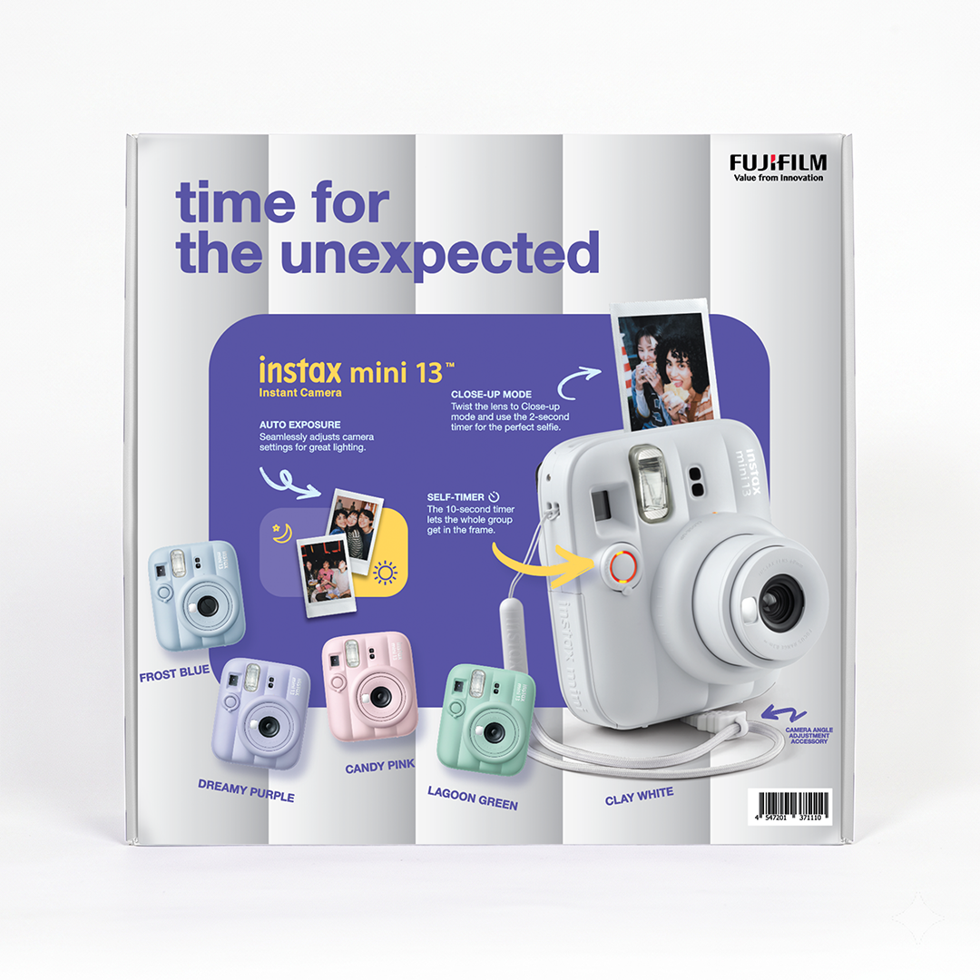 Fujifilm Instax Mini 13: renkli mini kameralar ve fotoğraflarla beyaz kamera.