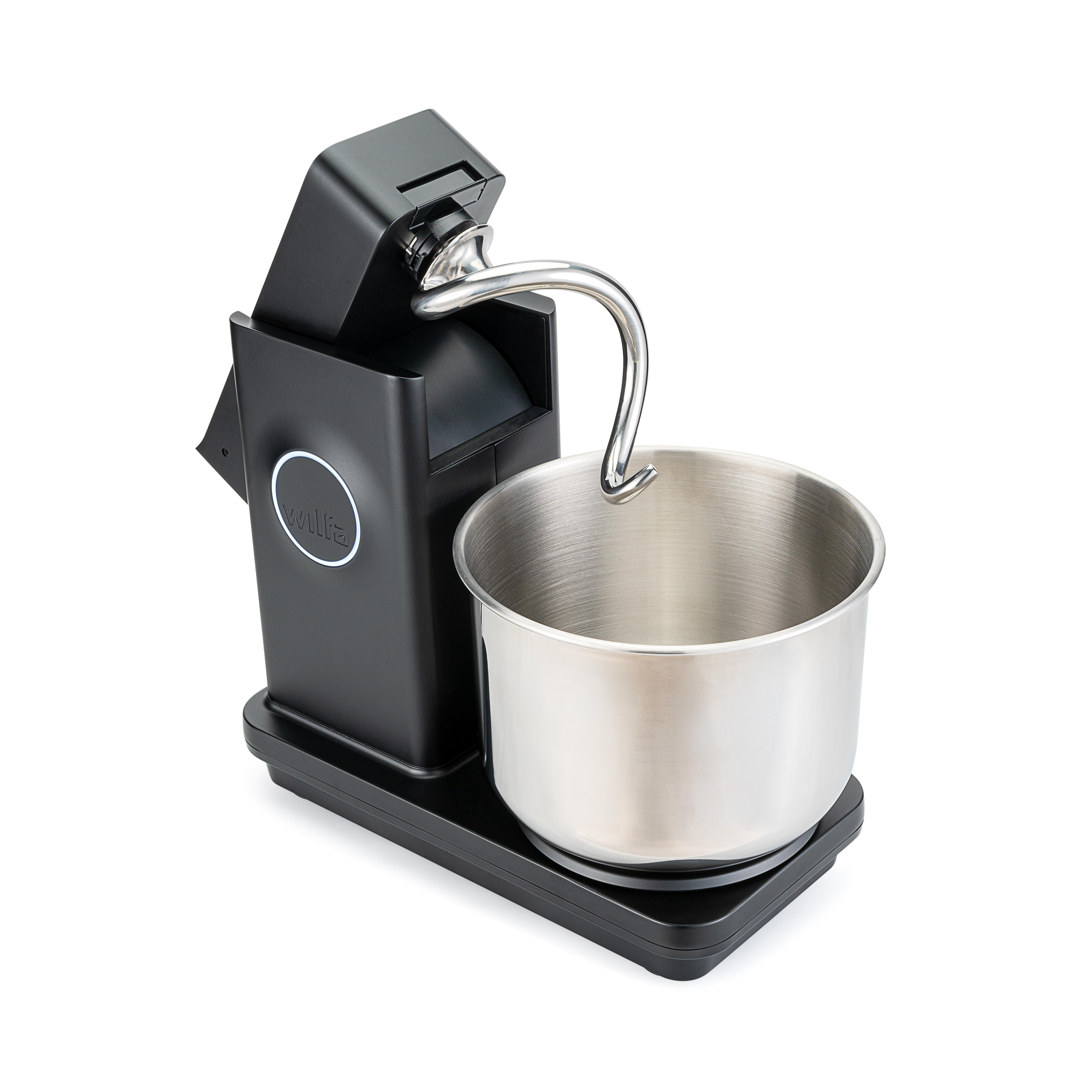 Ein schwarzer Küchenmixer mit Edelstahlschüssel und silbernem Knethaken.