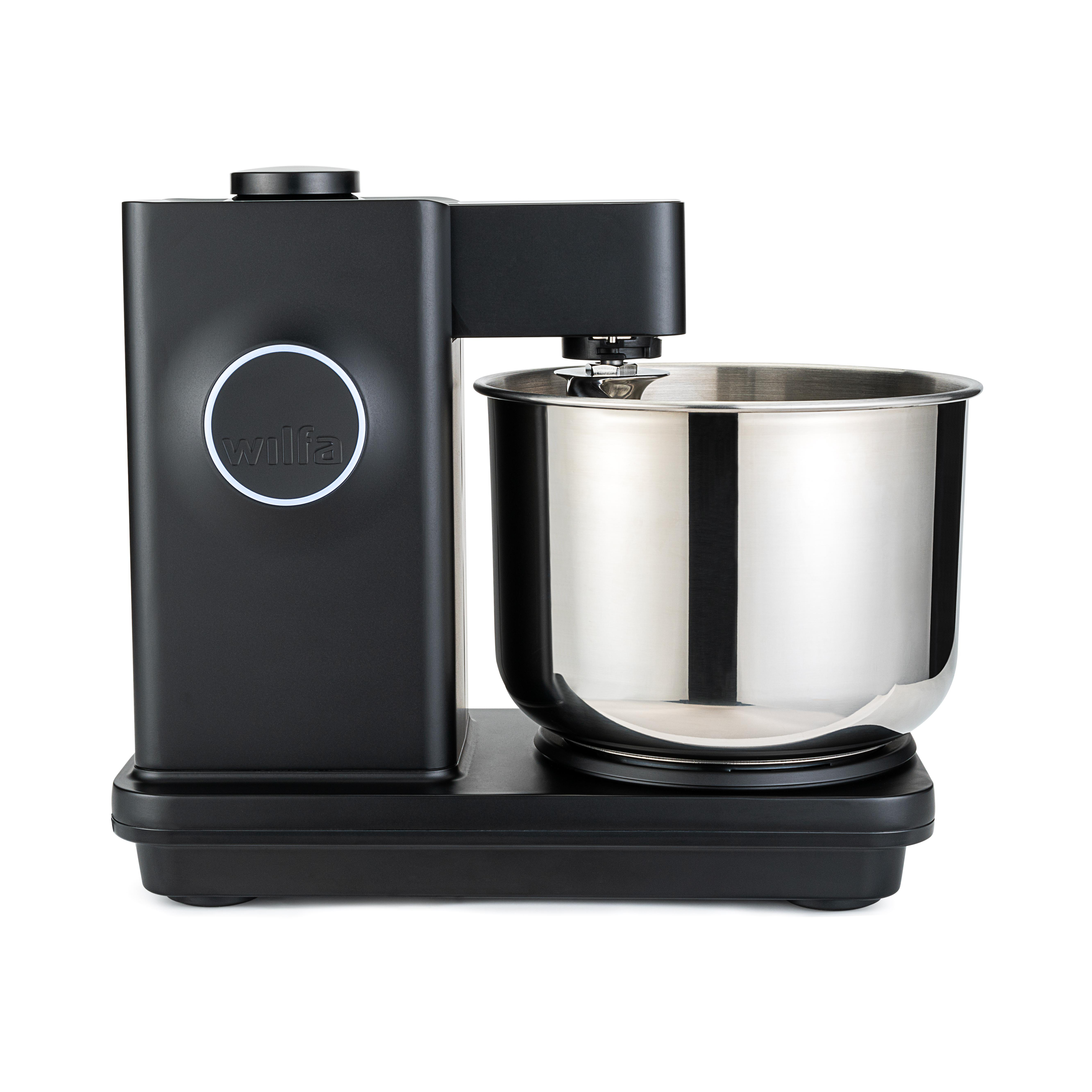 Ein schwarzer Küchenmixer mit Edelstahlschüssel und silbernem Drehrad.