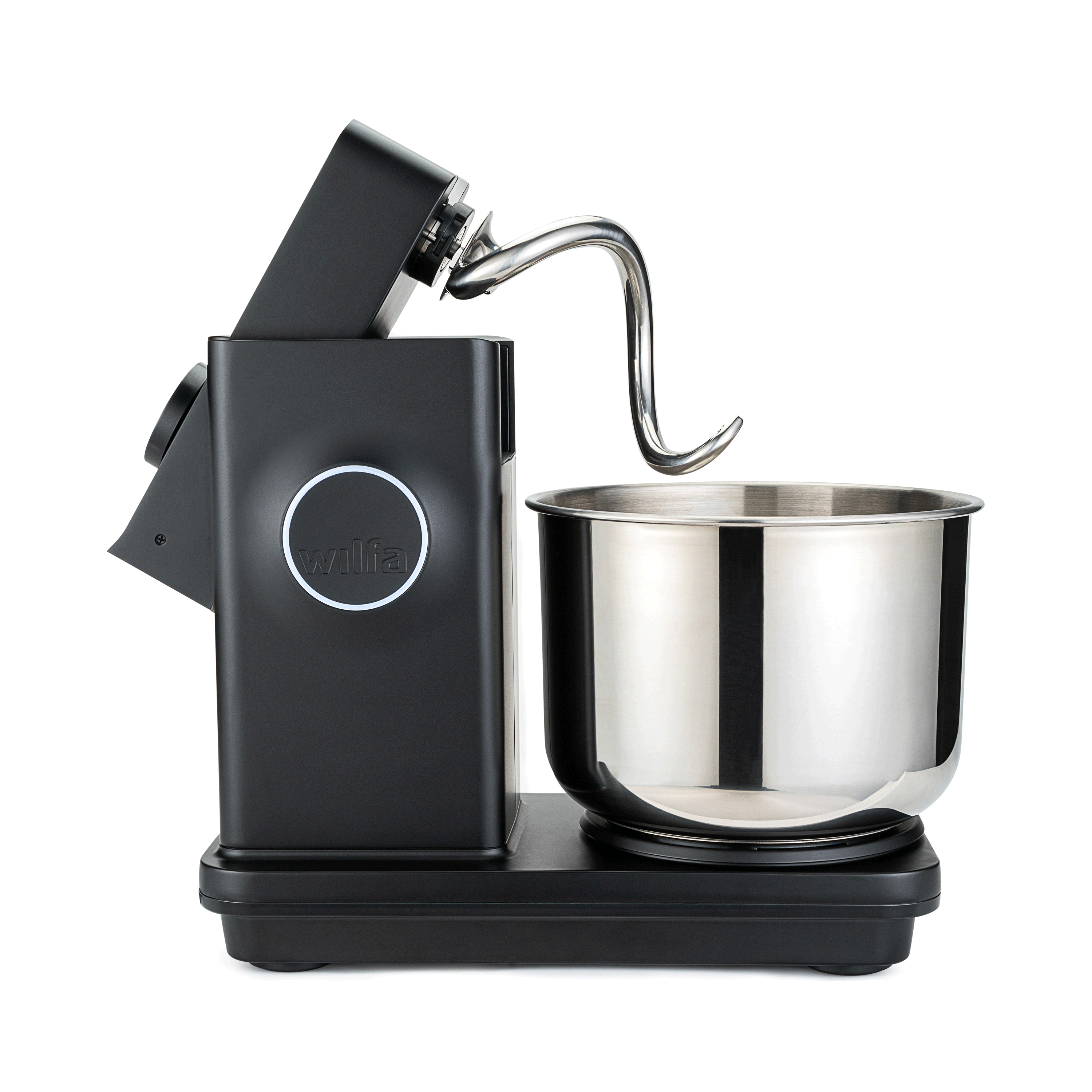 Schwarze Küchenmaschine mit Edelstahlschüssel und Knethaken