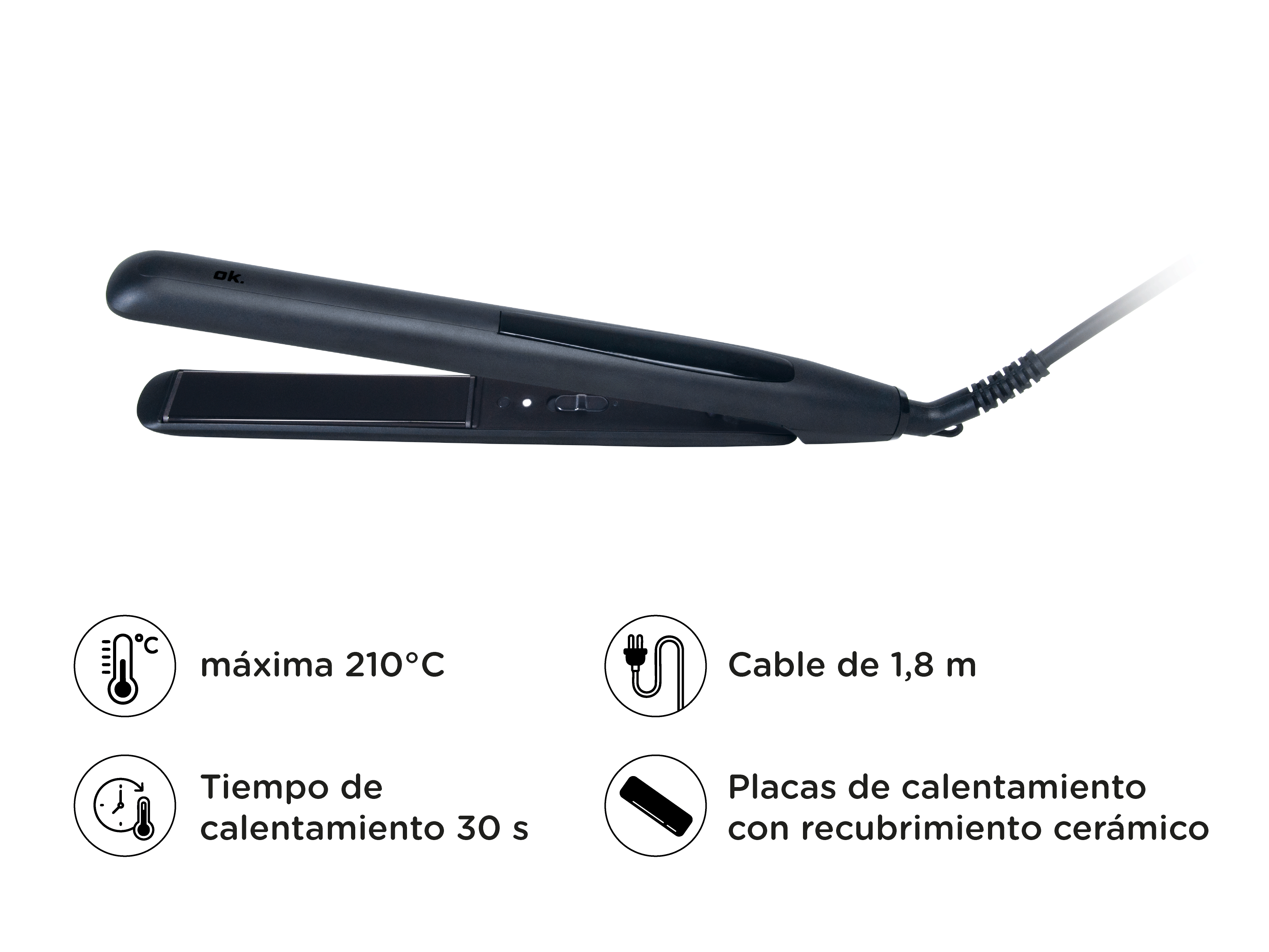 Plancha de pelo negra, placas cerámicas, 210°C, calienta en 30s, cable 1,8m.