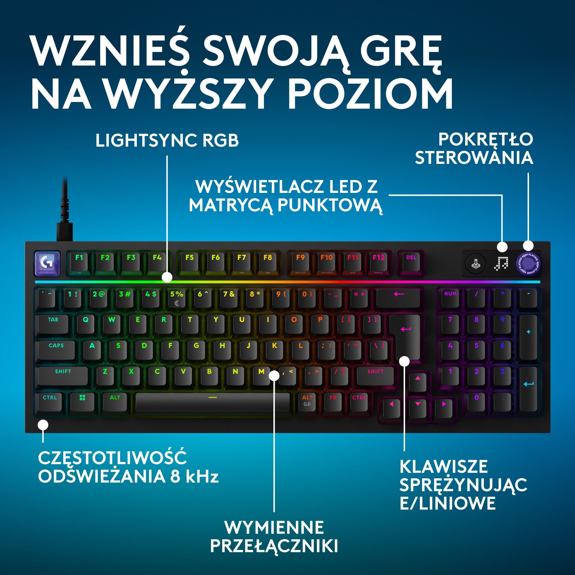 Czarna klawiatura gamingowa z podświetleniem RGB i niemieckimi klawiszami, z funkcjami dla graczy.