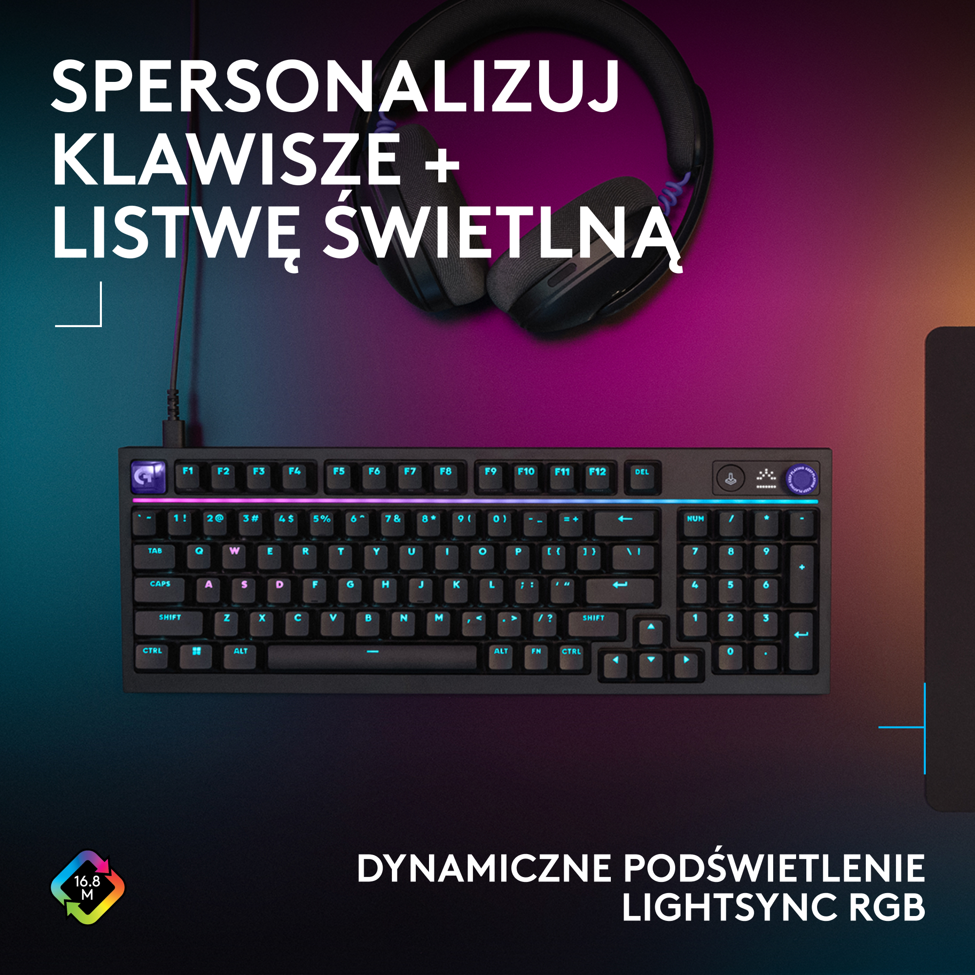 Czarna klawiatura z podświetleniem RGB i słuchawkami, kosmiczne oświetlenie tła.
