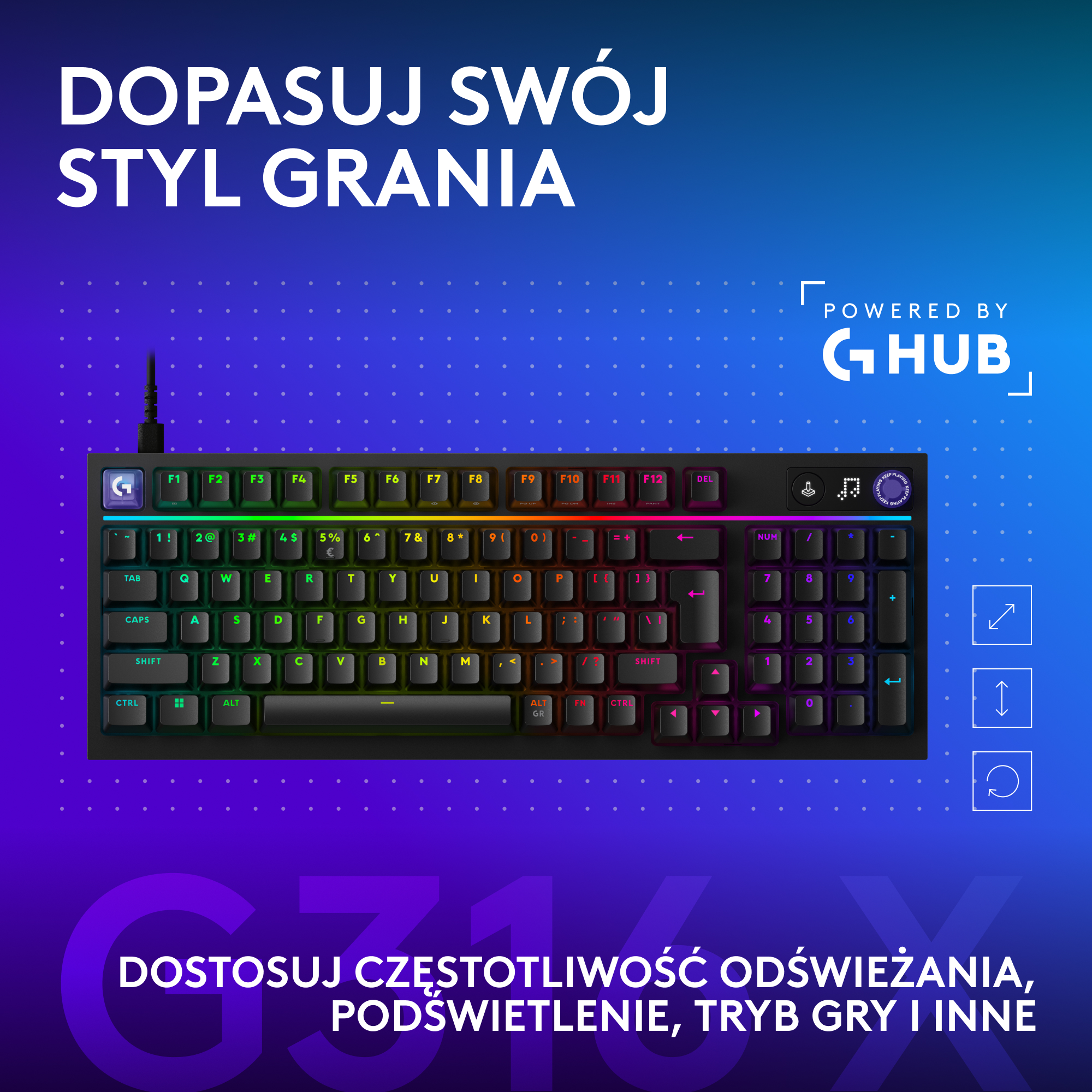 Klawiatura gamingowa z podświetleniem RGB i logo GHUB.