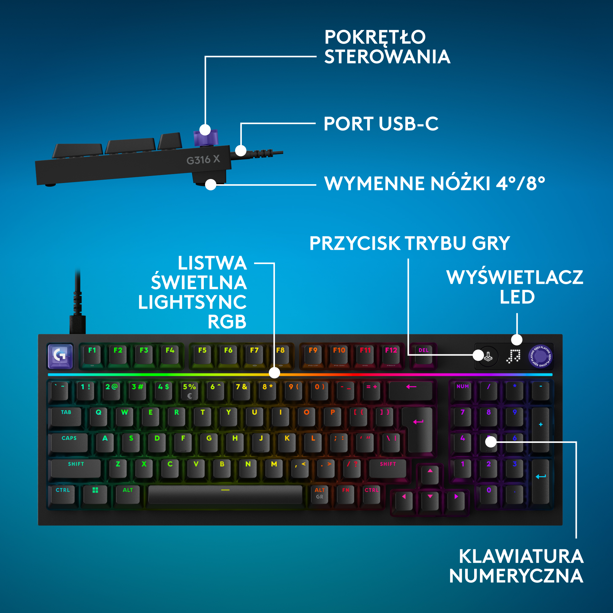 Czarna klawiatura z podświetleniem RGB, USB-C, pokrętłem głośności i przyciskiem trybu gry.