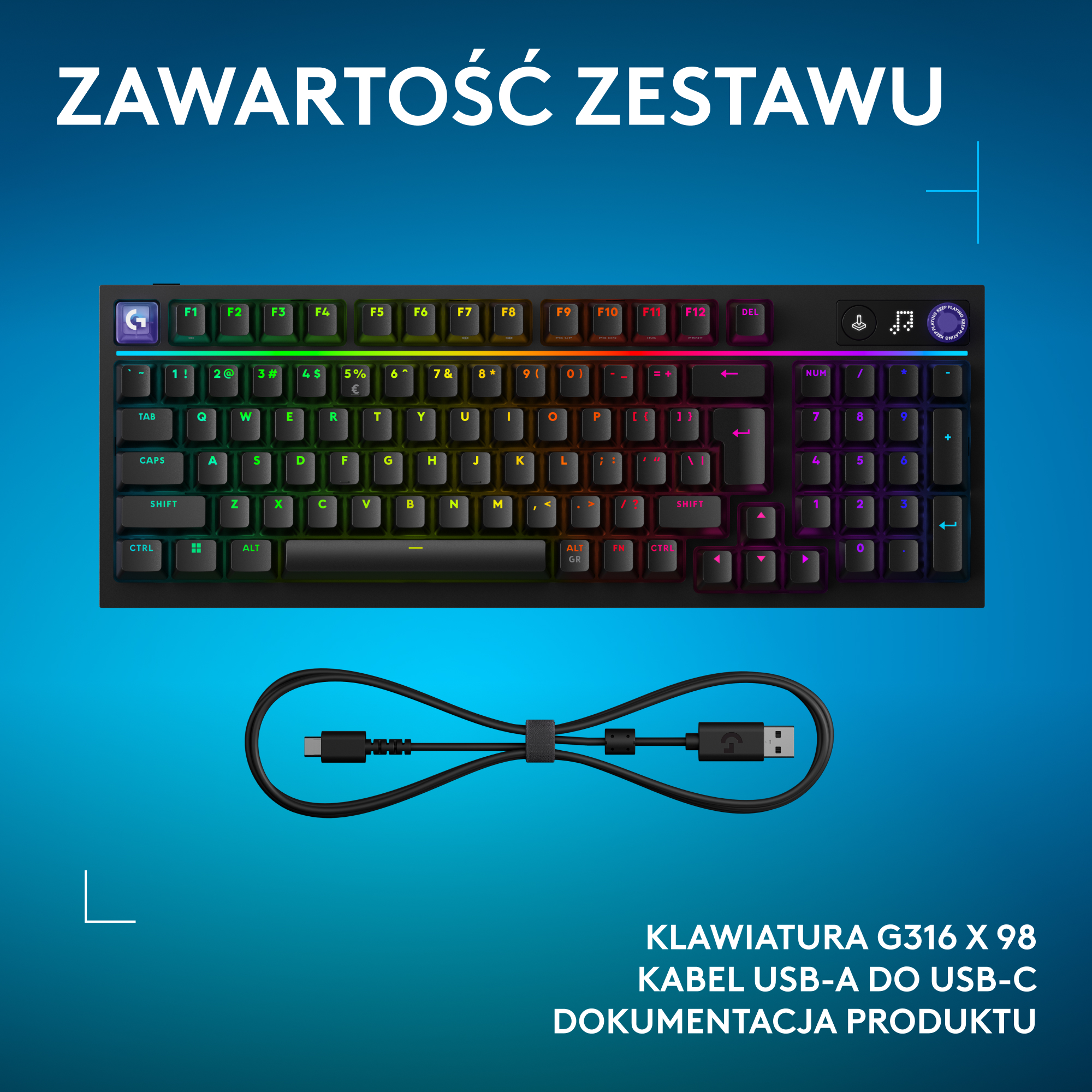 Klawiatura gamingowa z podświetleniem RGB i kablem USB-A do USB-C.