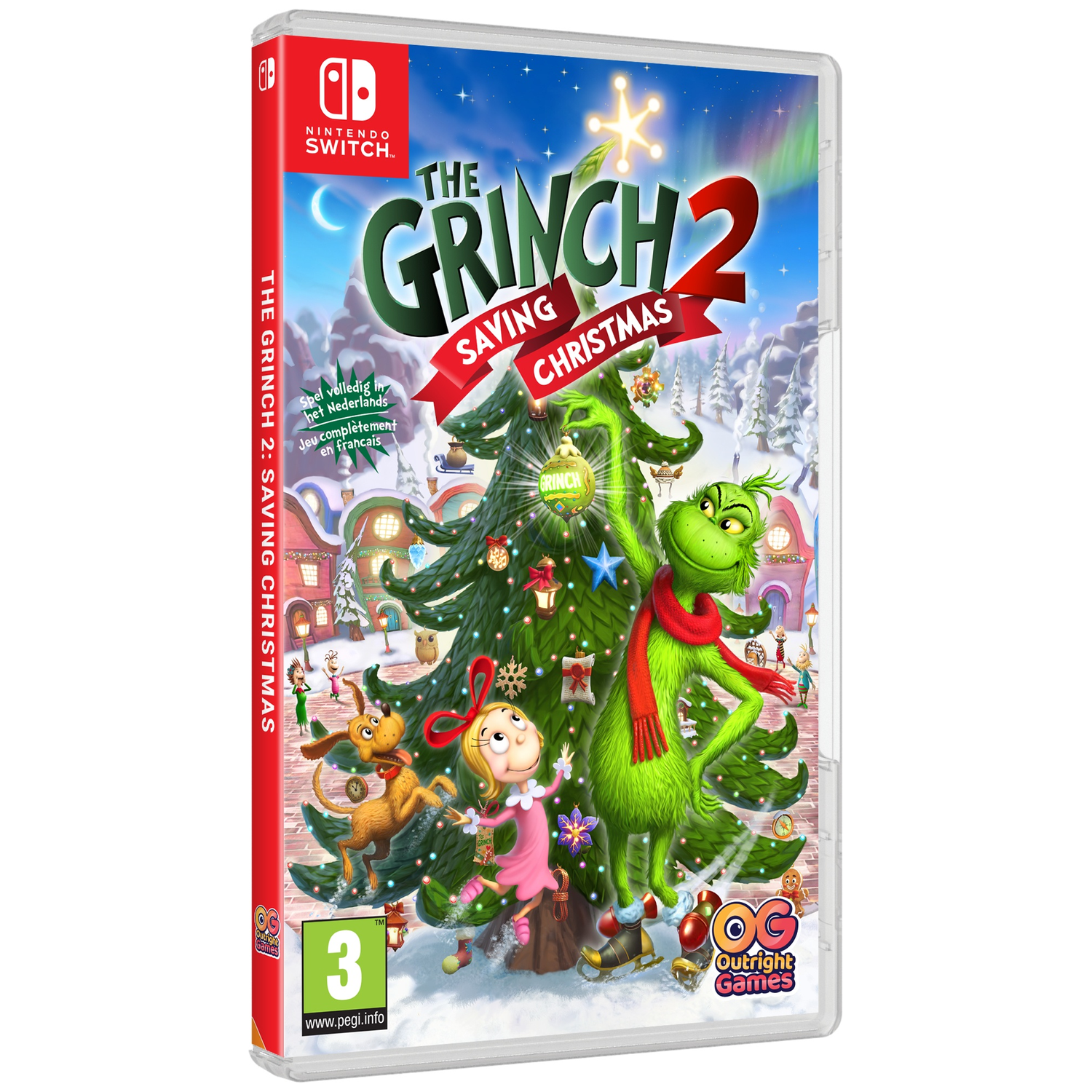 The Grinch 2: Saving Christmas Nintendo Switch case featuring the Grinch, Max, and Cindy Lou Who by a Christmas tree.