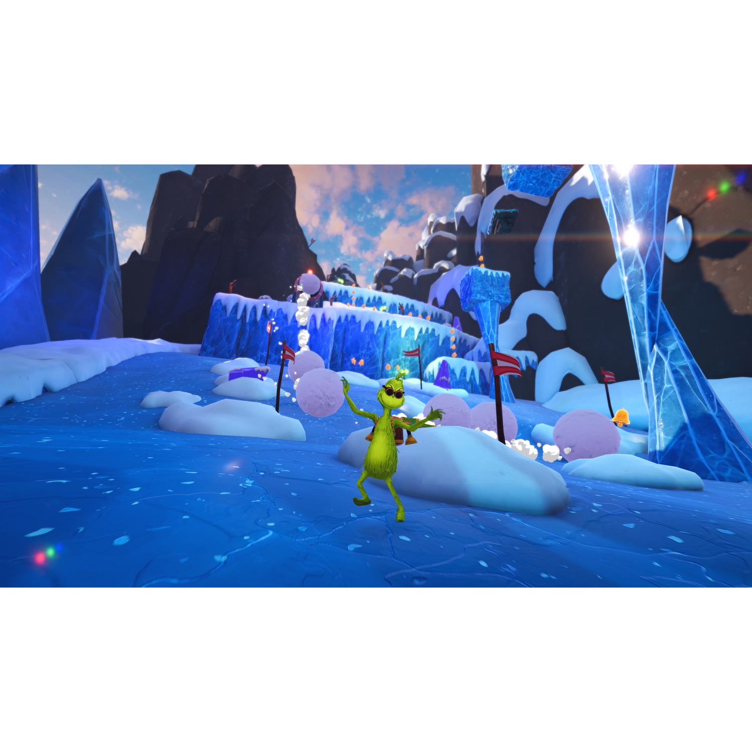 A green character with sunglasses stands on ice, surrounded by snow and ice formations.