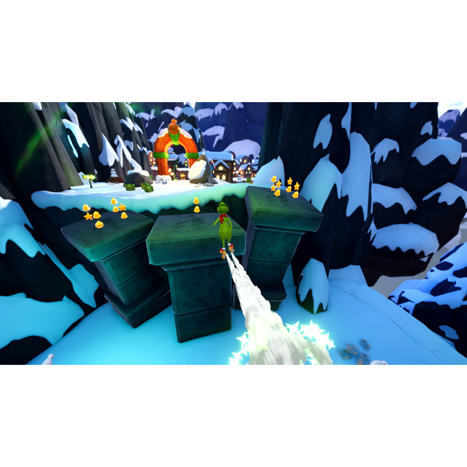 The Grinch flies through a snowy winter landscape with a rocket pack.