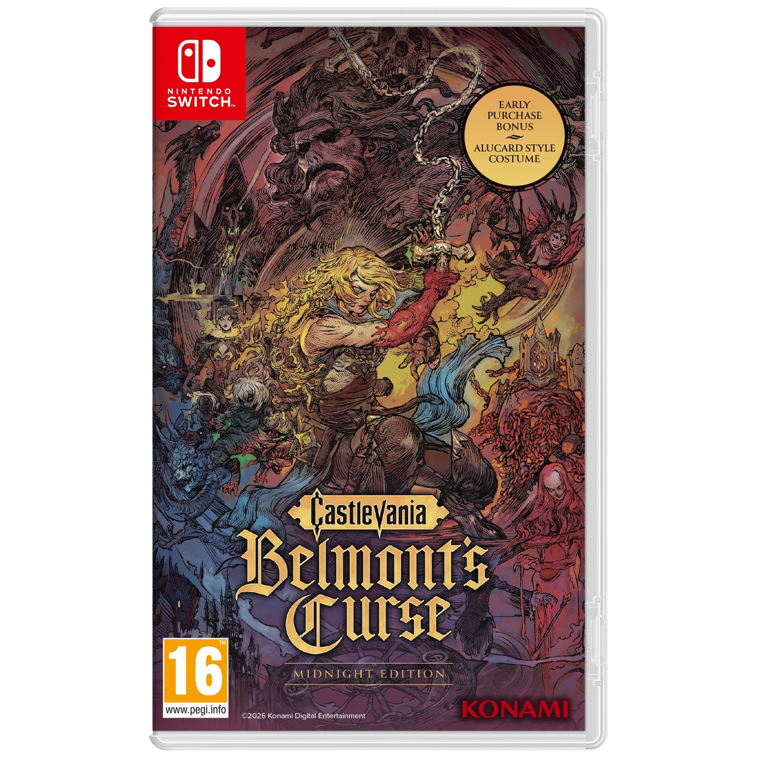 Castlevania Belmonts Curse voor Nintendo Switch, met artwork en 16-rating.
