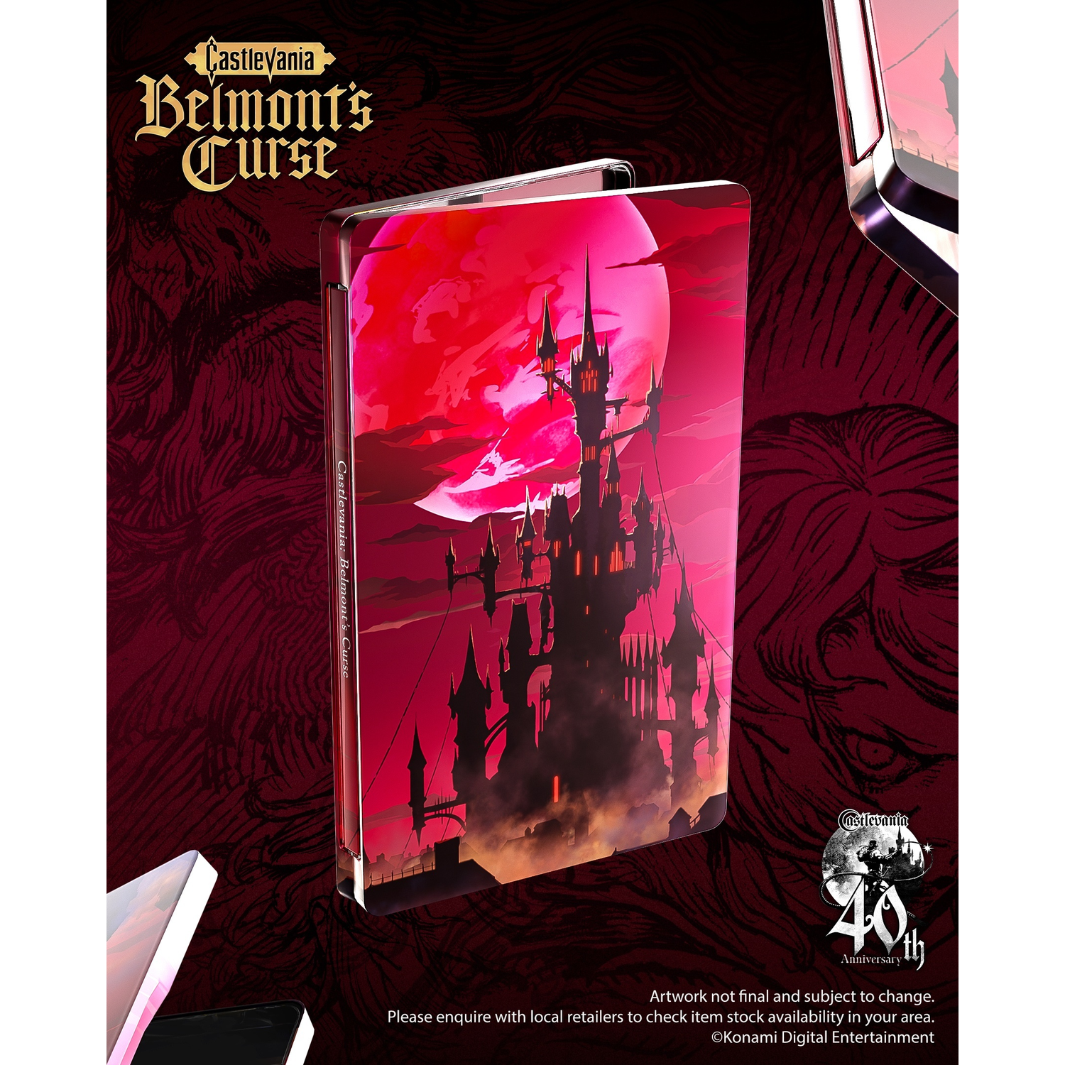 Kasteel voor rode maan, met titel Castlevania Belmont's Curse.