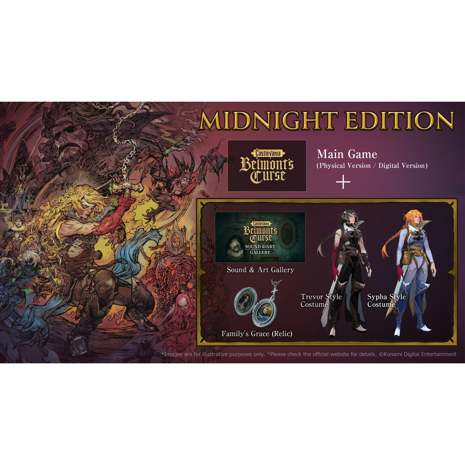 Castlevania: Belmont's Curse Midnight Edition met spel, soundtrack, galerie en relikwie.