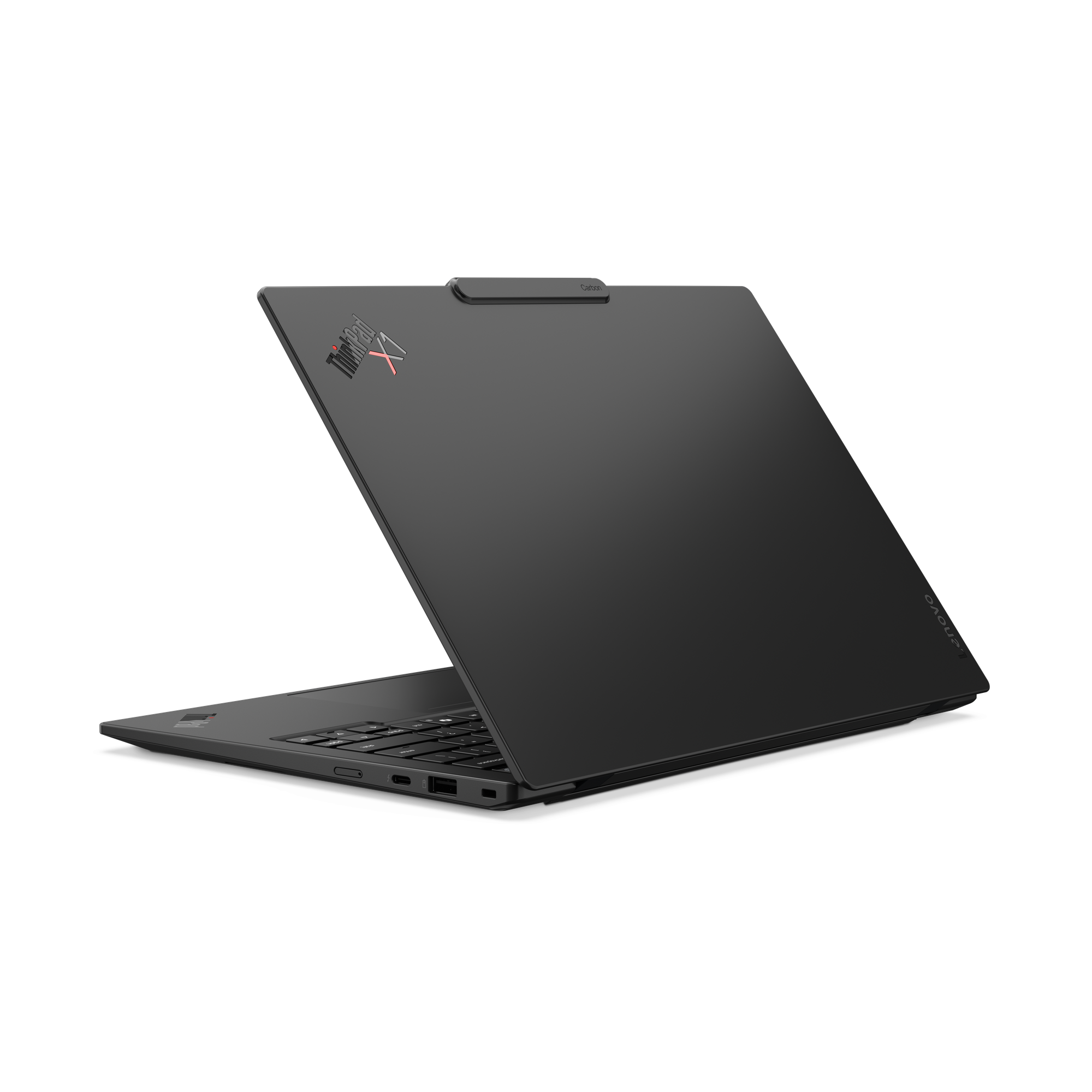 Ein geöffneter schwarzer Laptop mit ThinkPad X1 Carbon Logo.