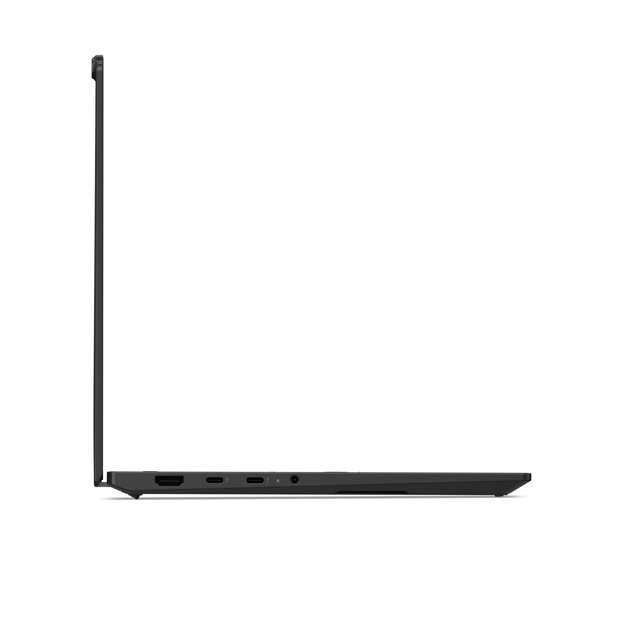 Seite eines schwarzen Laptops mit Anschlüssen wie HDMI und USB-C.
