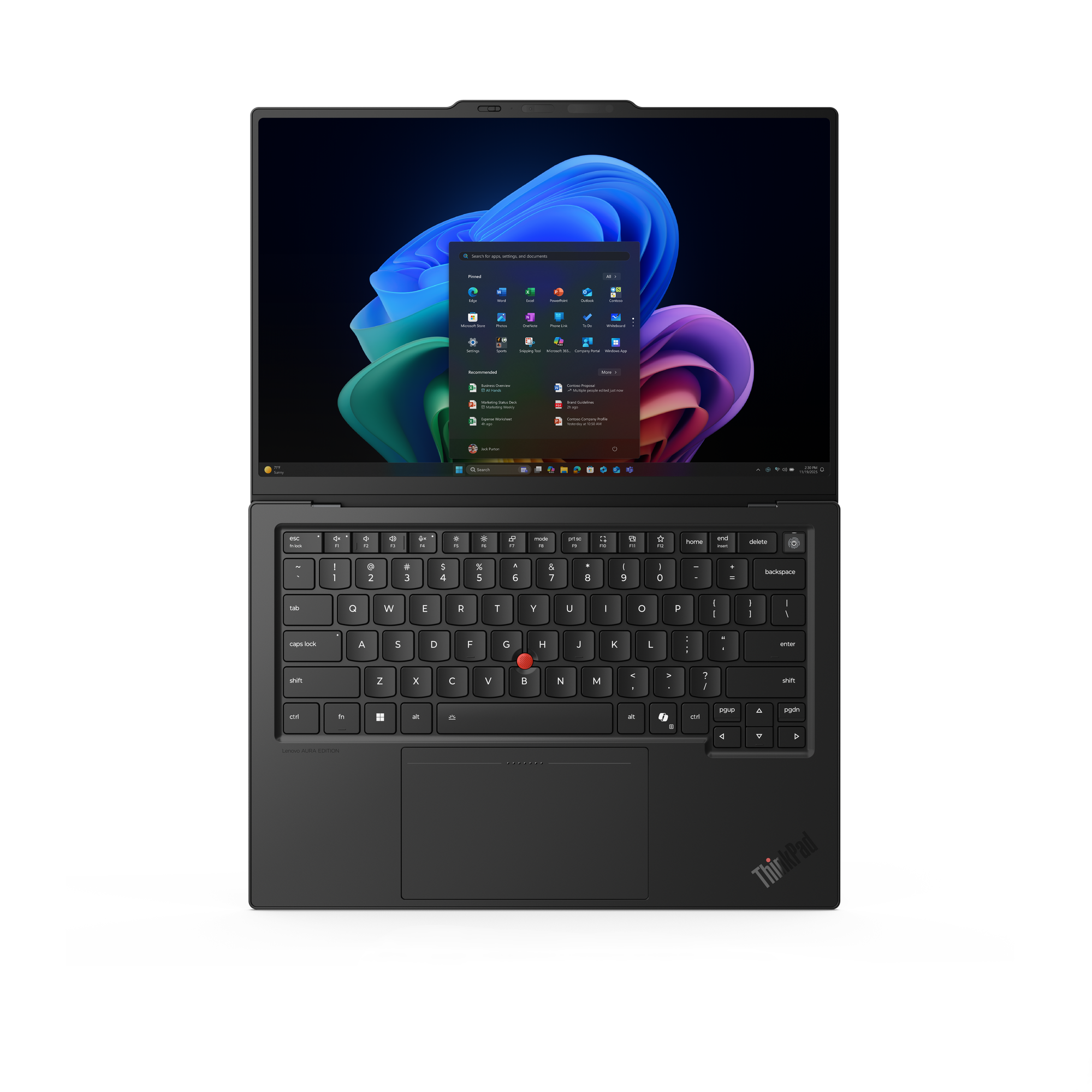 Ein offenes schwarzes ThinkPad-Laptop mit Windows 11 und einem bunten Hintergrundbild.