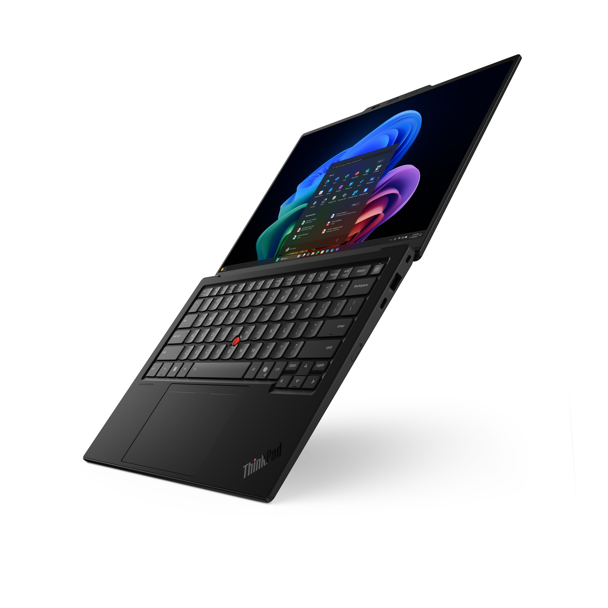 Ein schwarzer Lenovo ThinkPad Laptop mit beleuchteter Tastatur und buntem Bildschirm.