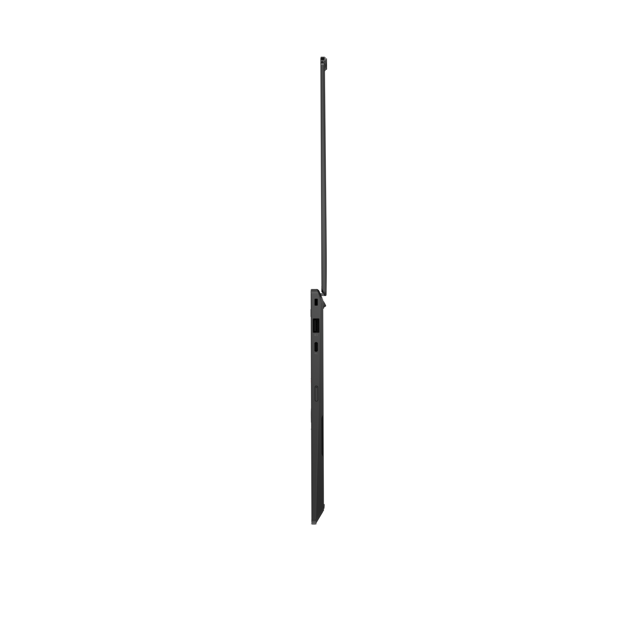 Schwarzer Laptop im Profil mit geöffnetem Bildschirm und sichtbaren Anschlüssen.